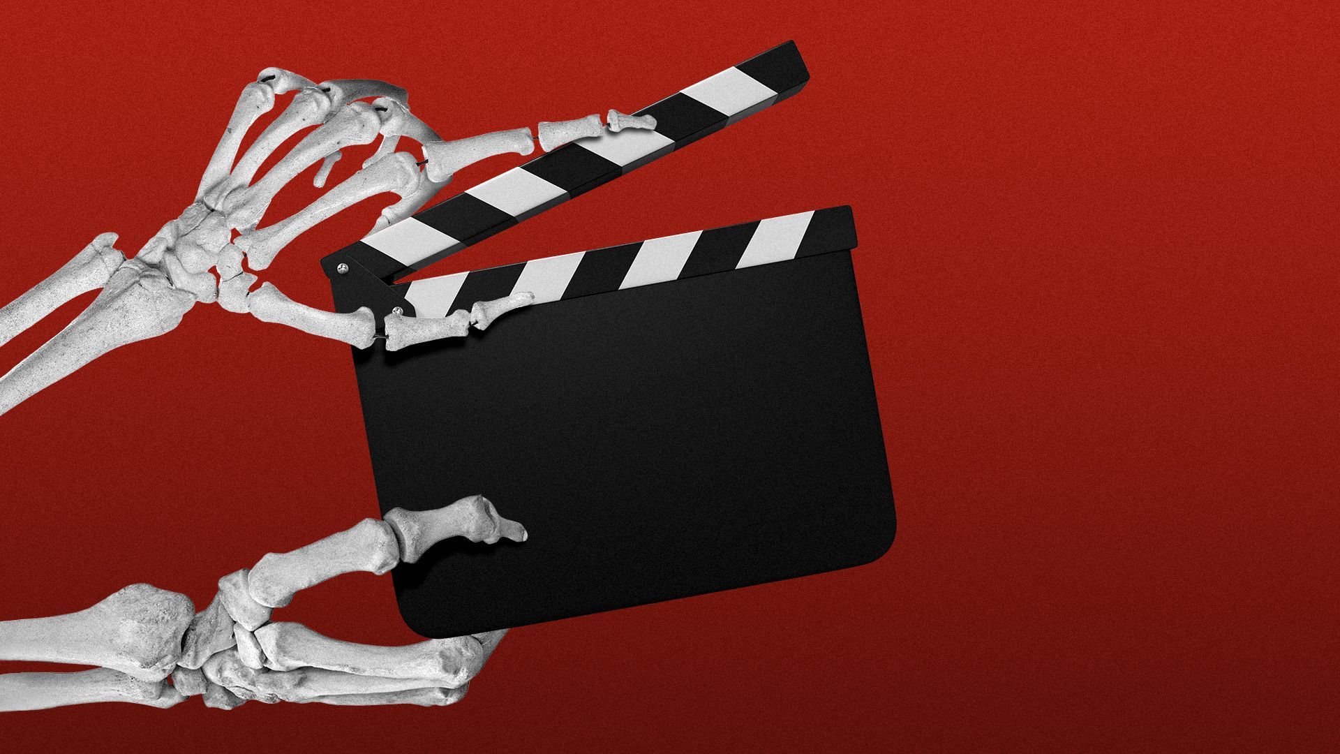 Illustration of skeleton hands holding a movie production clap board.