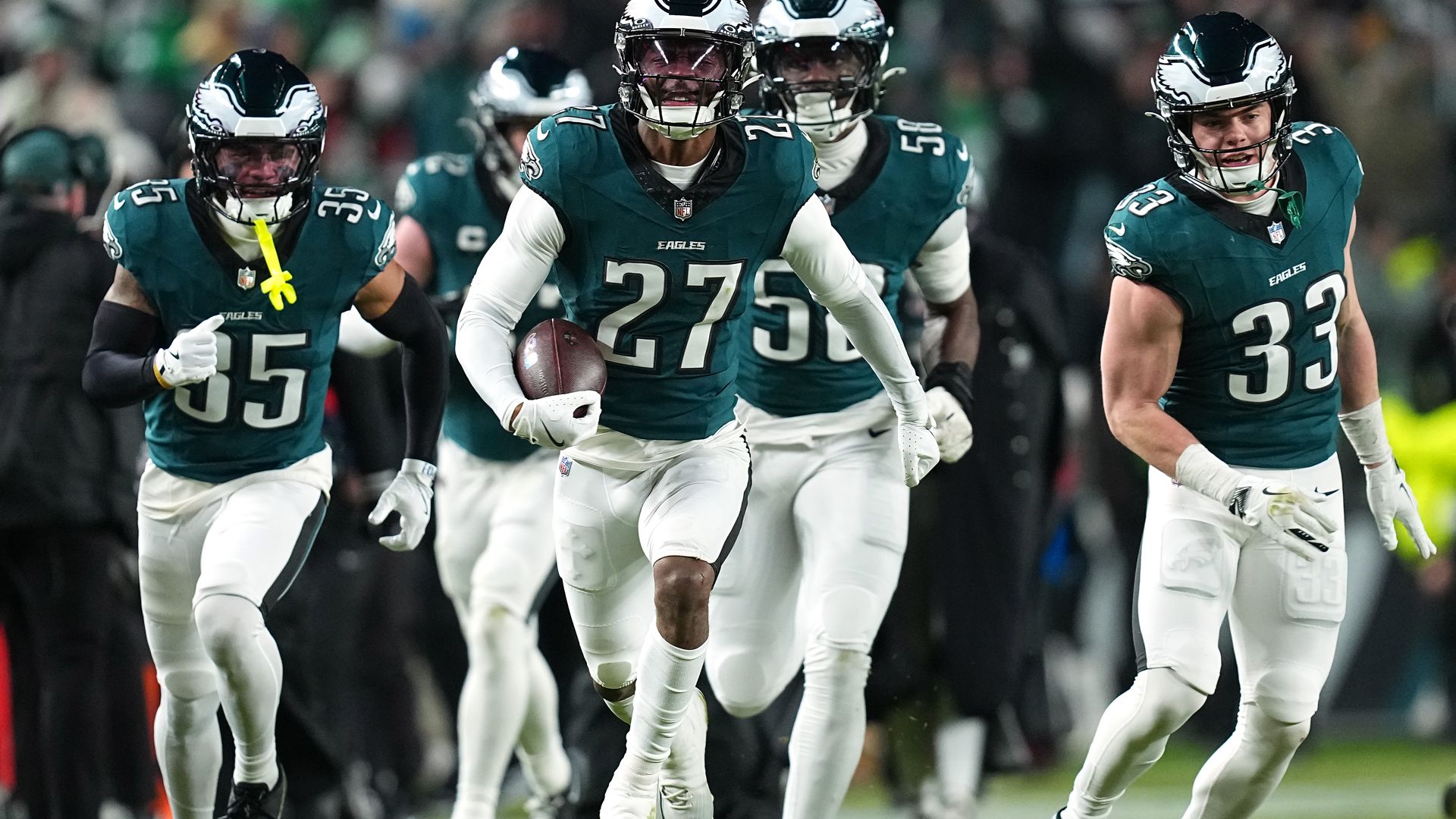 Eagles cornerback Quinyon Mitchell reacts after an interception against the San Francisco 49ers during the third quarter in the NFC Wild Card Playoff game at Lincoln Financial Field.