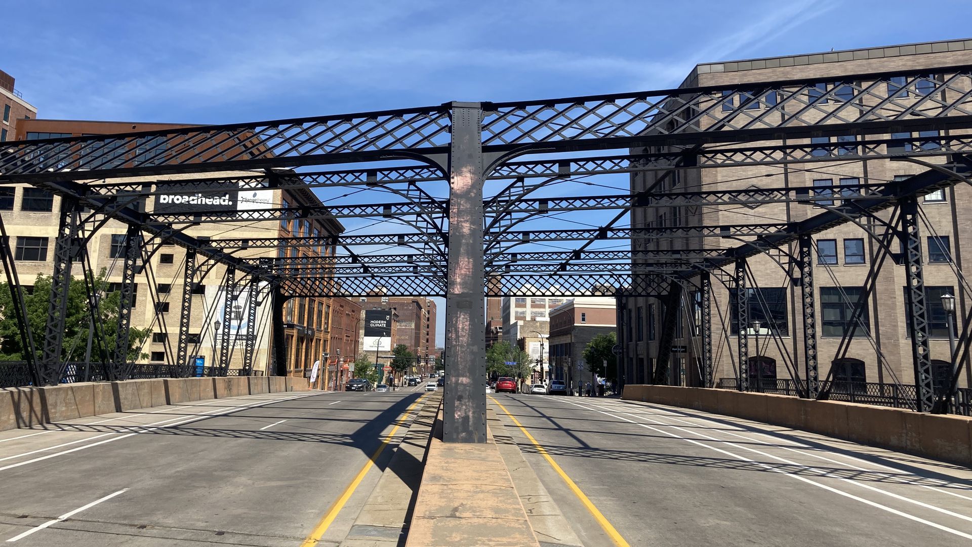 A bridge with office buildings in the background in Minneapolis' North Loop neighborhood.