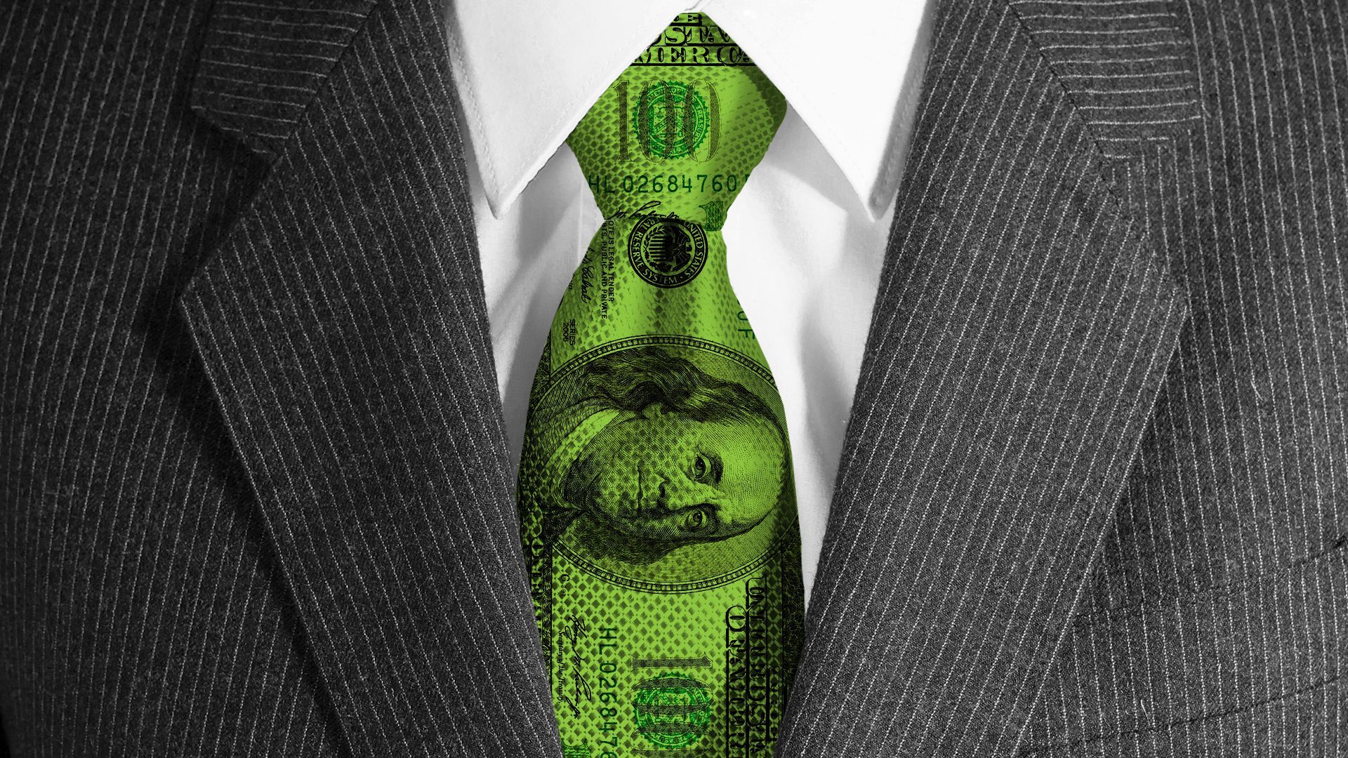 Illustration of a close up on a suit and tie with the tie made of a hundred dollar bill. 