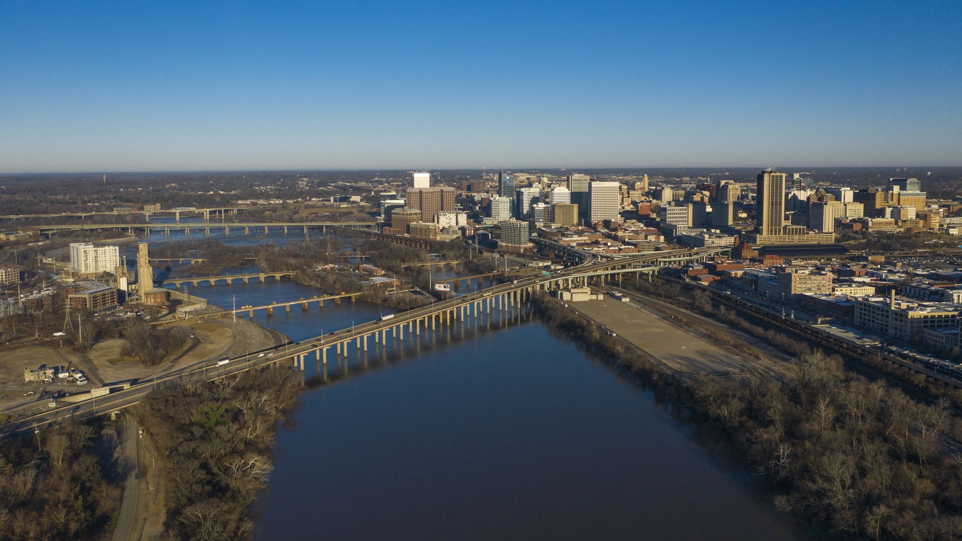 A drone aerial view of the James River in Richmond