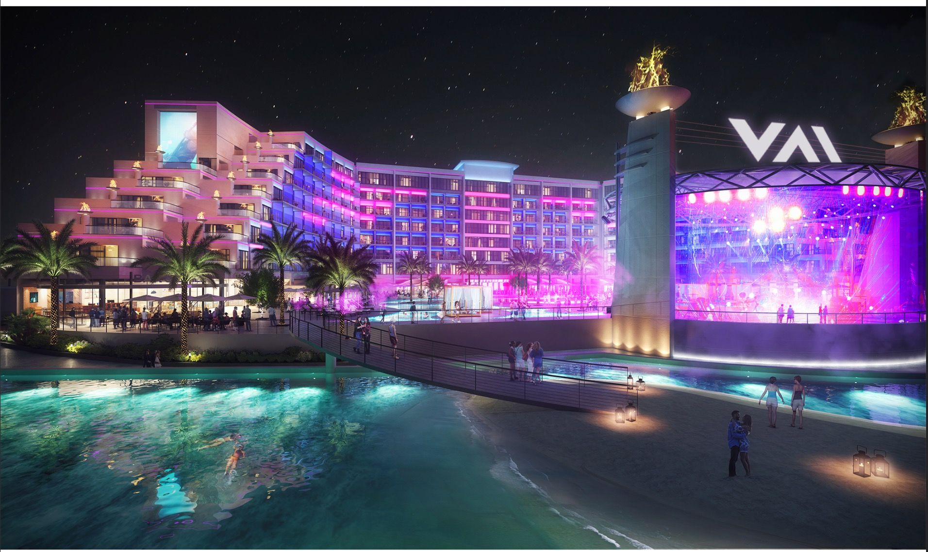 An artist's rendering of a proposed hotel and resort lite up with pink and purple lights at night