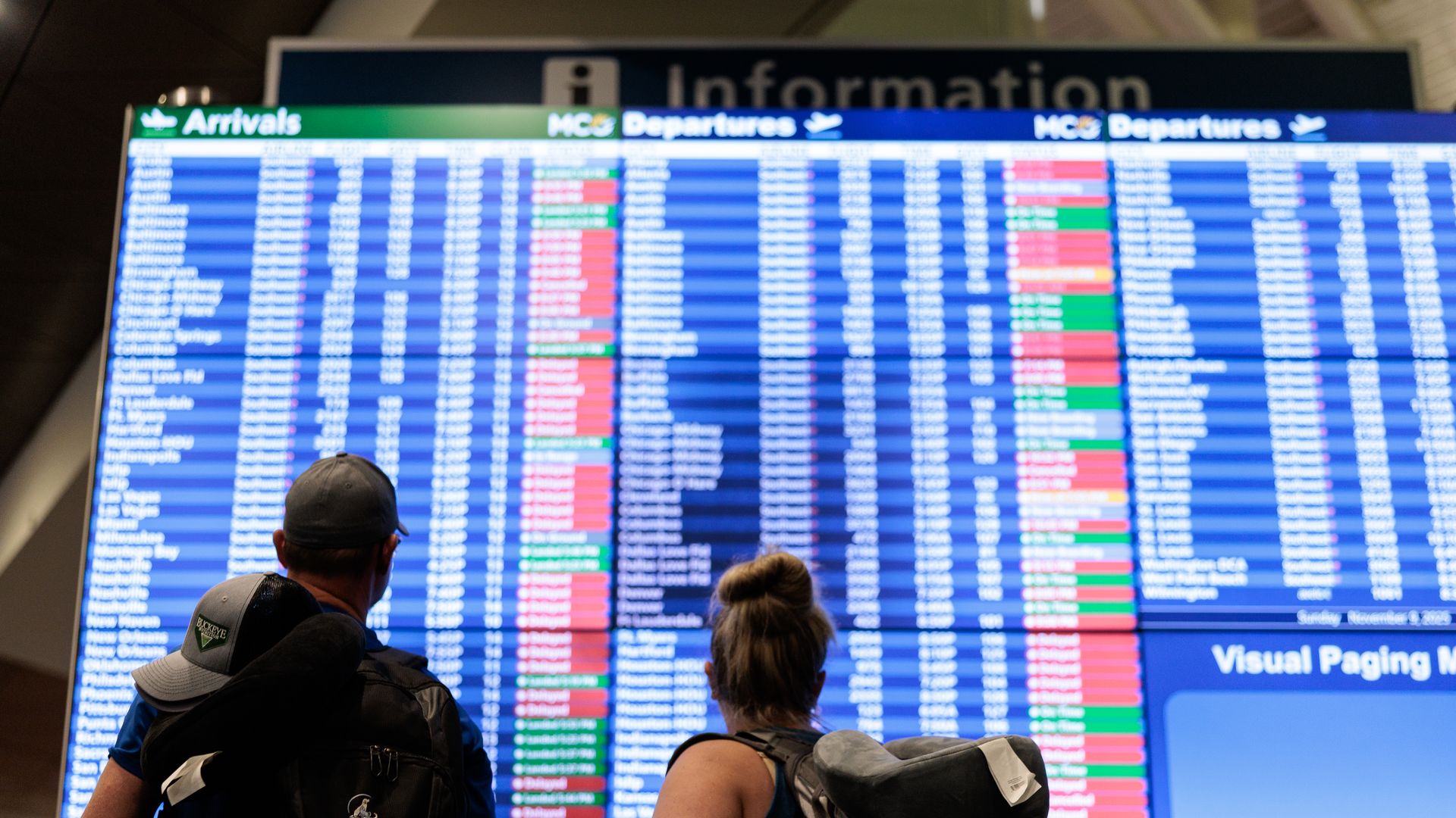 Two passengers look at a departure board while carrying their luggage 