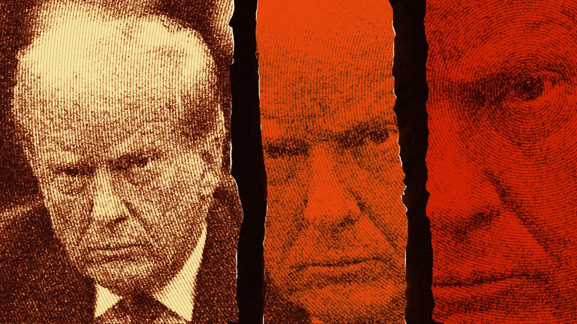 Photo illustration of Donald Trump with a circular halftone effect applied, he appears in a triptych with each panel progressively zooming in to his eyes. 