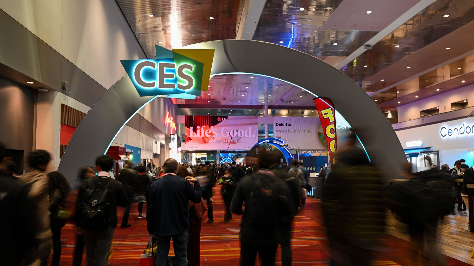 Image of the CES sign at the front of the expo floor at this year's CES 2024 conference in Vegas. 