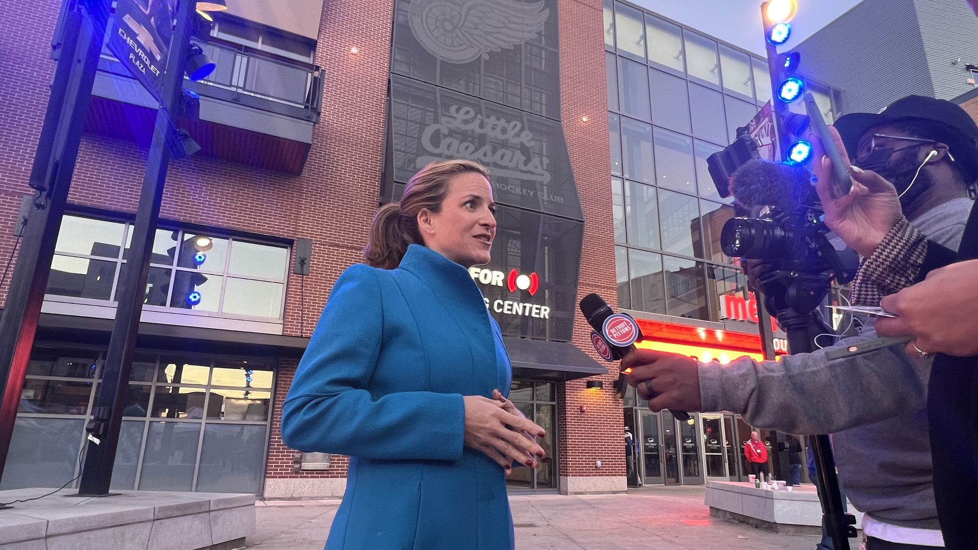 Secretary of State Jocelyn Benson outside Little Caesars Arena