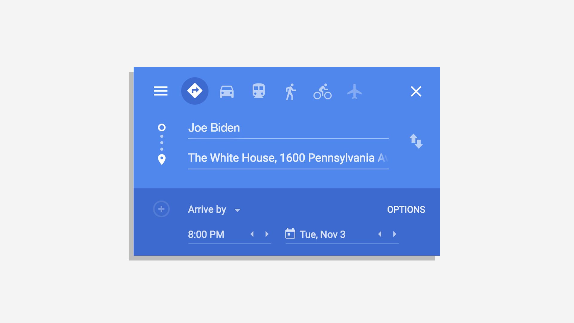 Illustration of a a Google Maps search for directions from Joe Biden to The White House