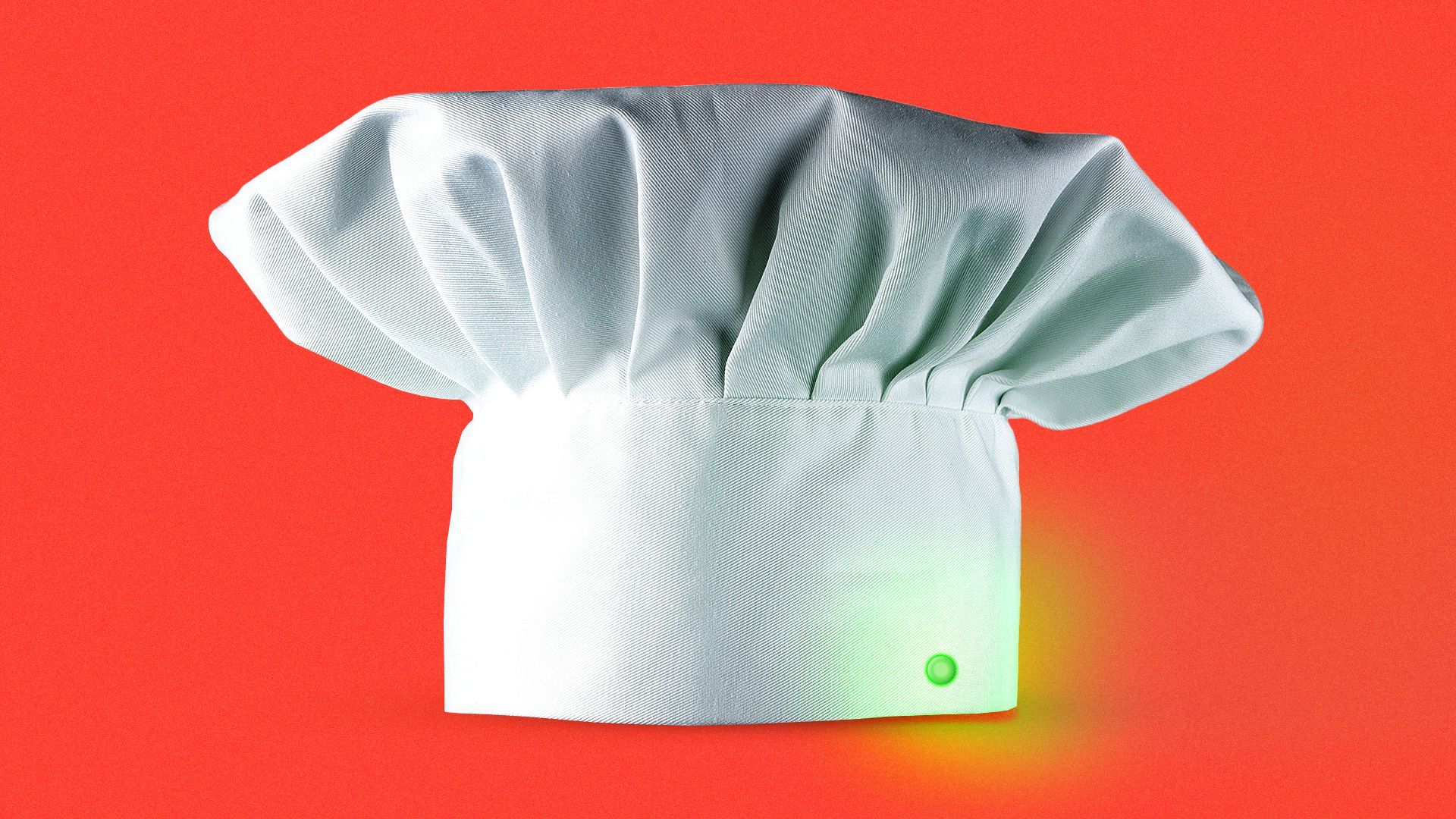 Animated illustration of a chef hat with a blinking green power light 