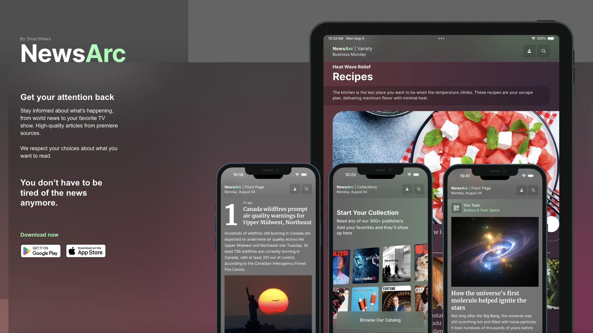 NewsArc app advertisement with dark background, showing several smartphone screens featuring news headlines, recipes, articles on wildfires, collections, and space topics.