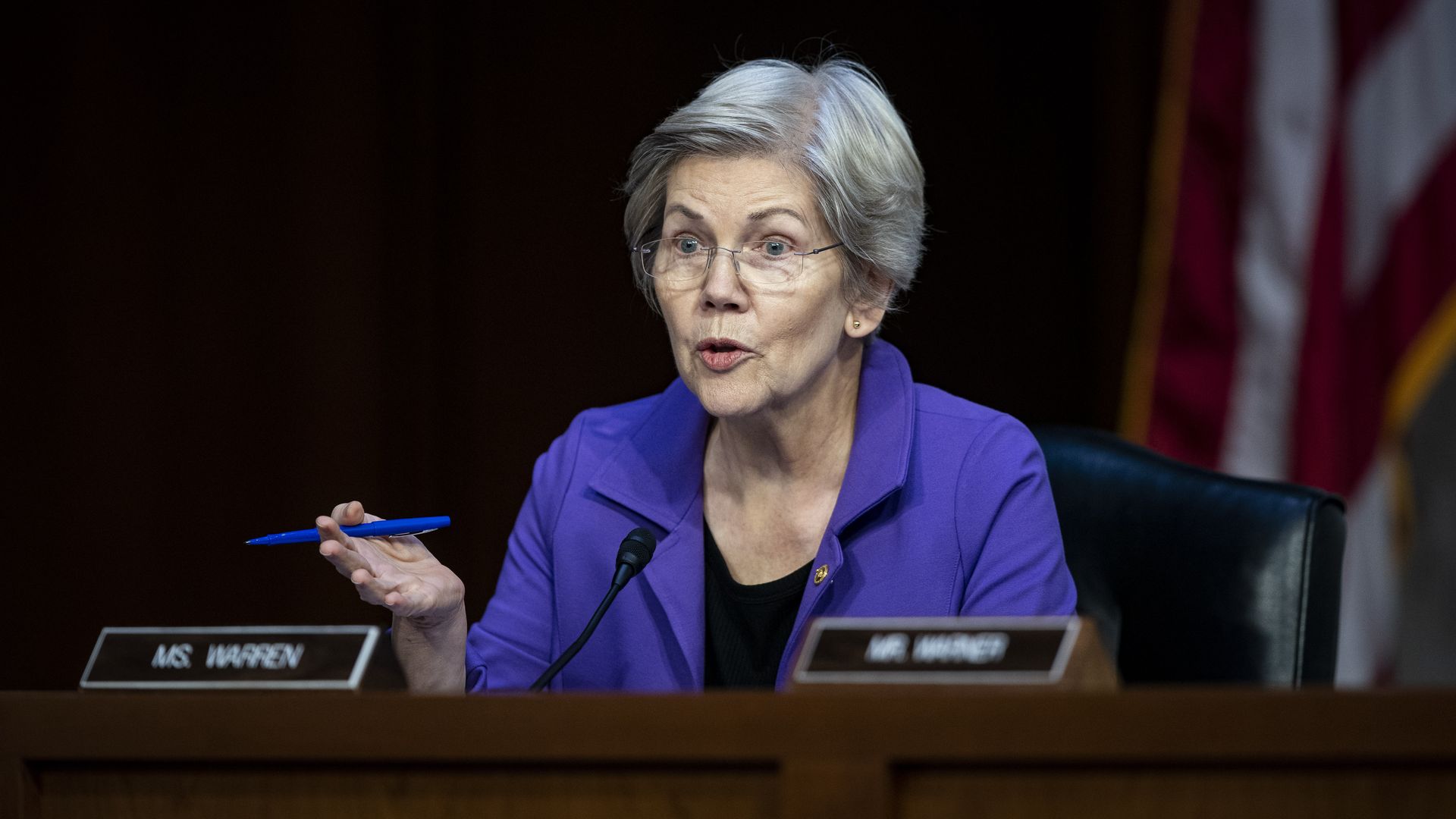 Senator Elizabeth Warren, a Democrat from Massachusetts, speaks during a Senate Banking, Housing, and Urban Affairs Committee hearing in Washington, DC, US, on Tuesday, March 7, 2023.