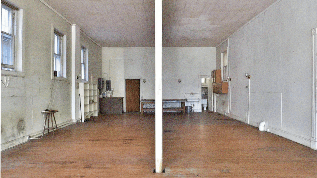A slider showing two photos of an empty, spacious room with wooden floor, white walls and a central white pillar, renovated from an art studio to a bridal studio.