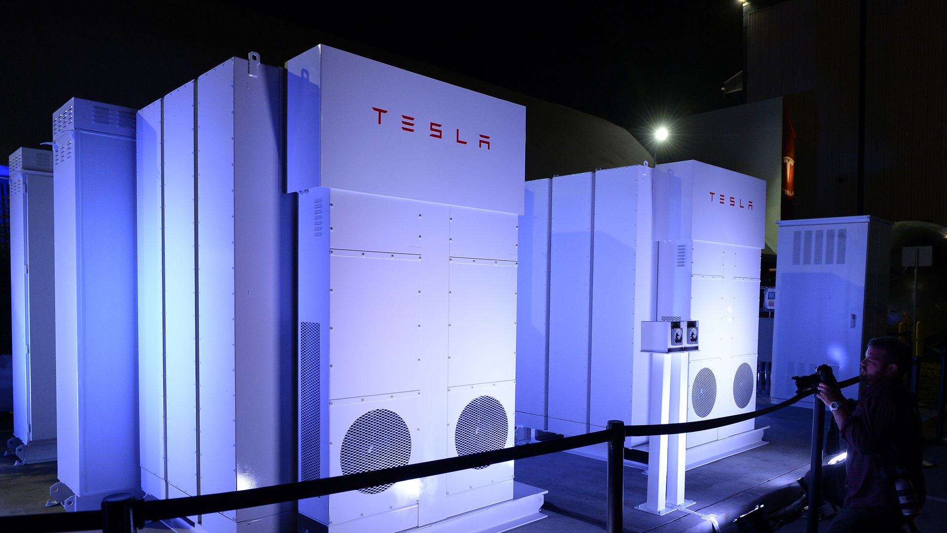 The Powerpack system which powered the news conference in seen after Elon Musk, CEO of Tesla unveiled suit of batteries for homes, businesses, and utilities at Tesla Design Studio