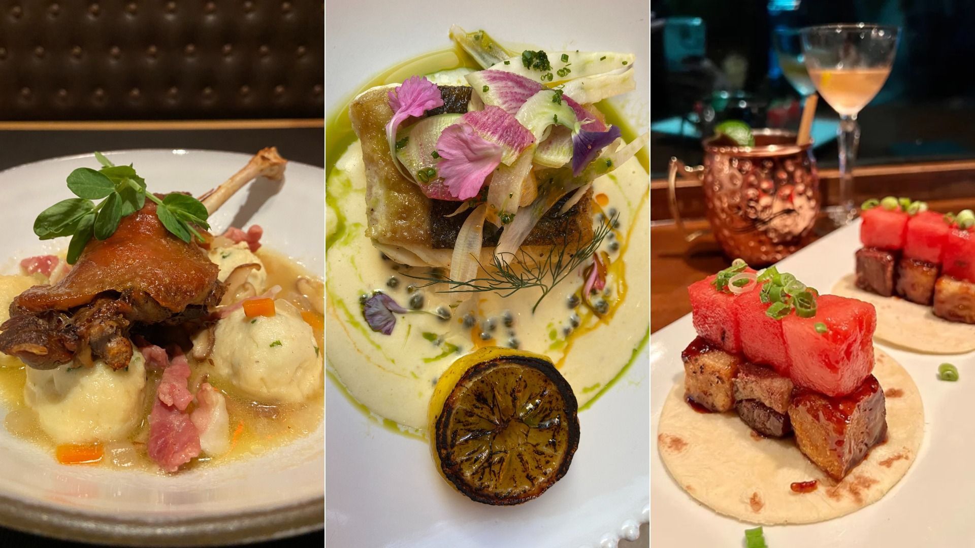Three gourmet dishes: left, crispy duck leg with dumplings and broth; center, seared fish with cream, herbs, edible flowers, and grilled lemon; right, tacos topped with watermelon cubes and green garnish.