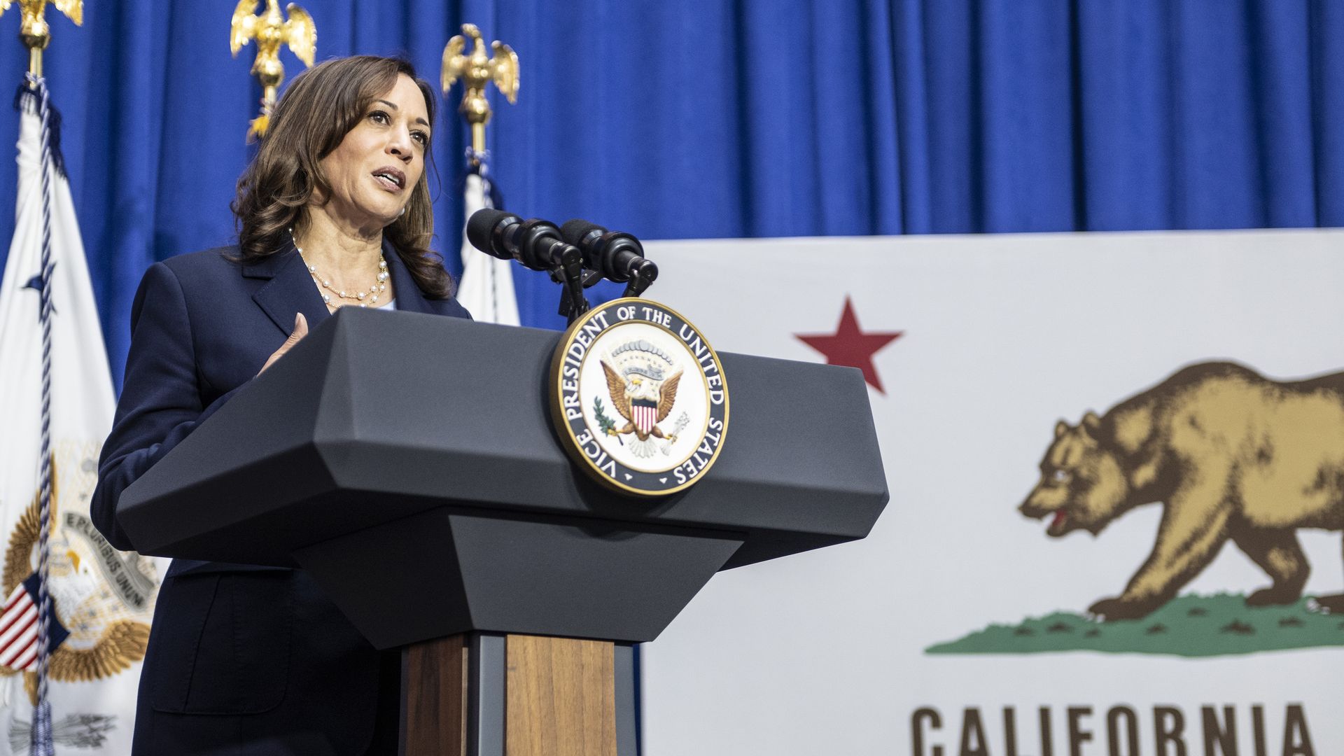 Photo of Kamala Harris speaking at a podium on a stage, with the California state flag in the backdrop