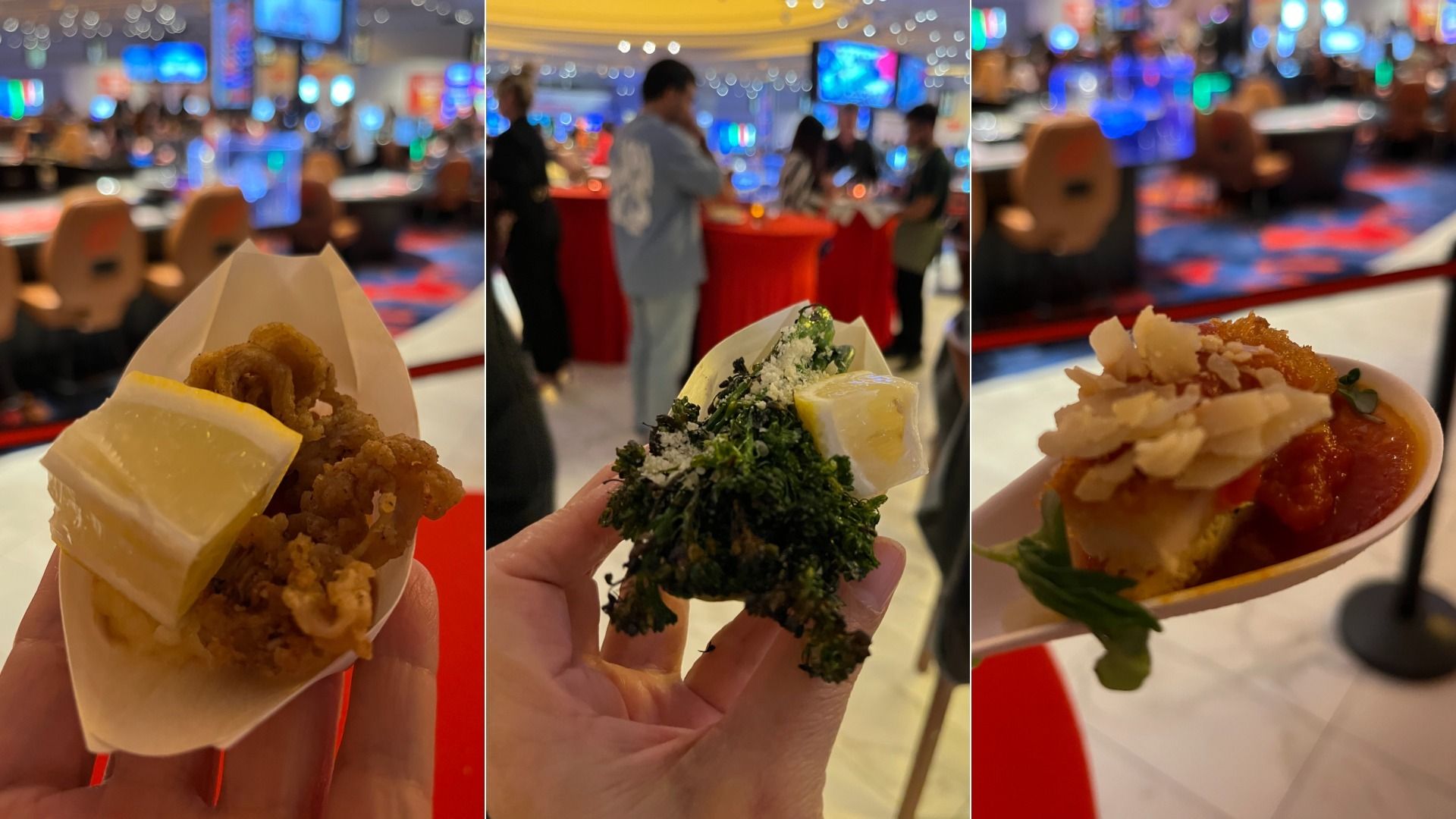 Three close-up shots of gourmet appetizers held in hands, featuring fried calamari with lemon, roasted broccoli with cheese and lemon, and a dish with sauce, cheese, and herbs, all in a lively indoor setting.