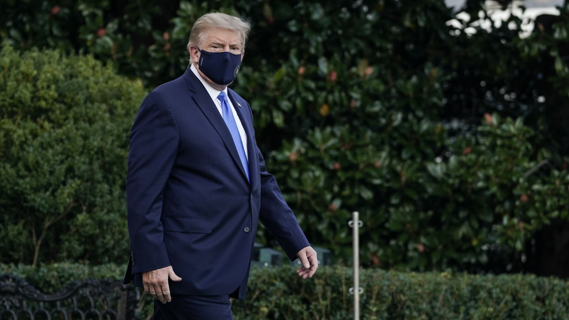 President Donald Trump leaves the White House for Walter Reed National Military Medical Center on the South Lawn of the White House on October 2