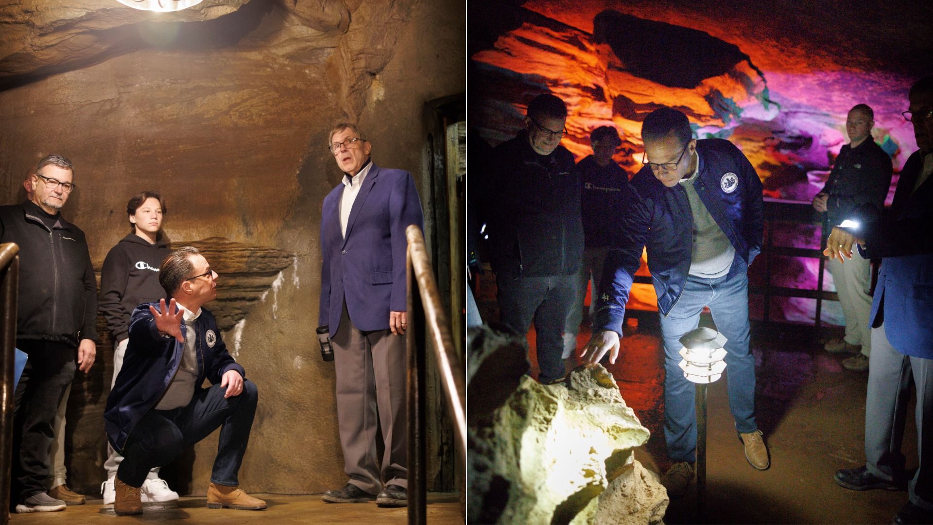 Two-panel cave scene: left, a man in a blue jacket kneels, gesturing to a tall suited man while others observe amid rough rock walls. Right, he examines rocks by a lantern as colorful cave lights glow.