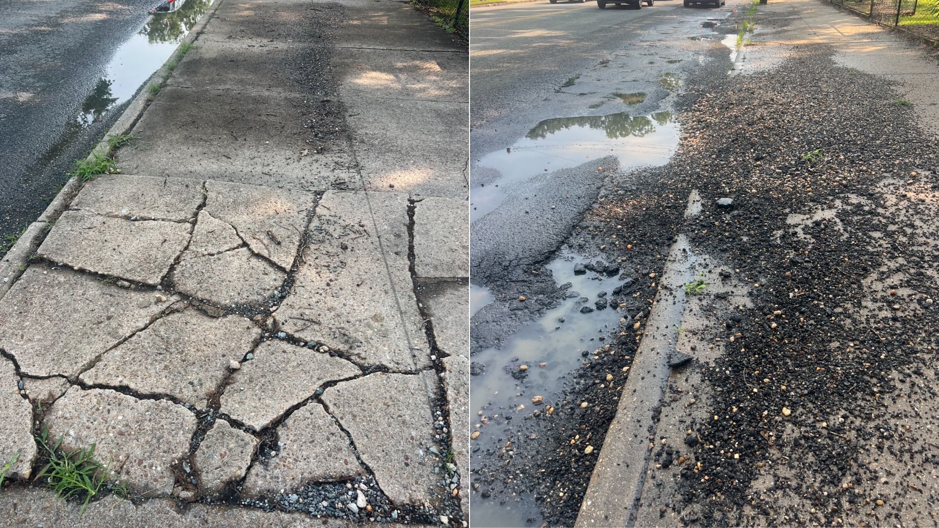 Split image of street damage: left shows cracked concrete sidewalk with weeds along the curb; right shows wet, gravelly asphalt with potholes, a large puddle, and distant cars.