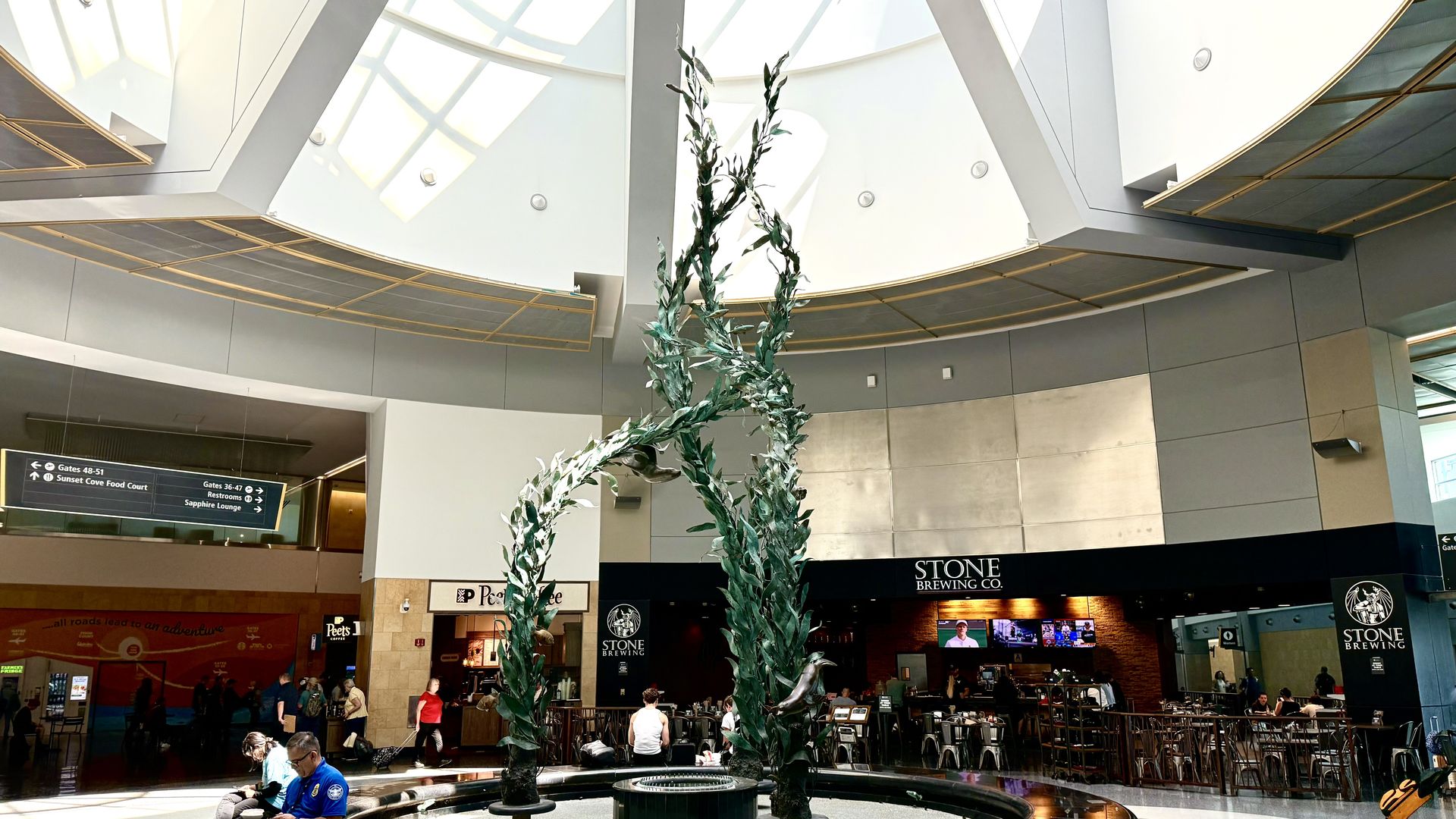 A large green statue of sea weeds or kelp reaching to a skylight with sun beaming through