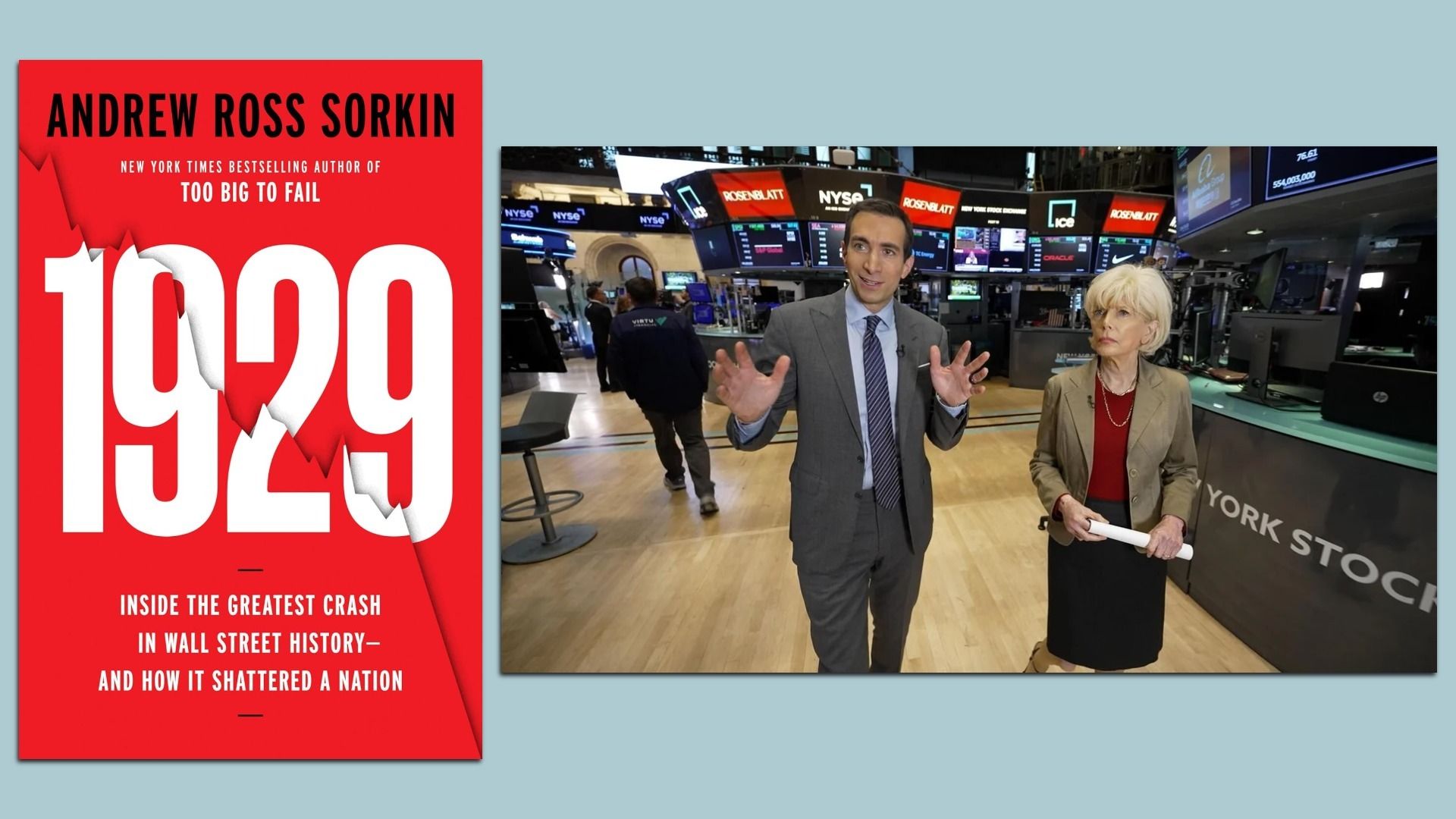 Book cover of "1929" by Andrew Ross Sorkin with red background and torn number design, alongside Andrew Ross Sorkin and Lesley Stahl talking on the New York Stock Exchange trading floor.
