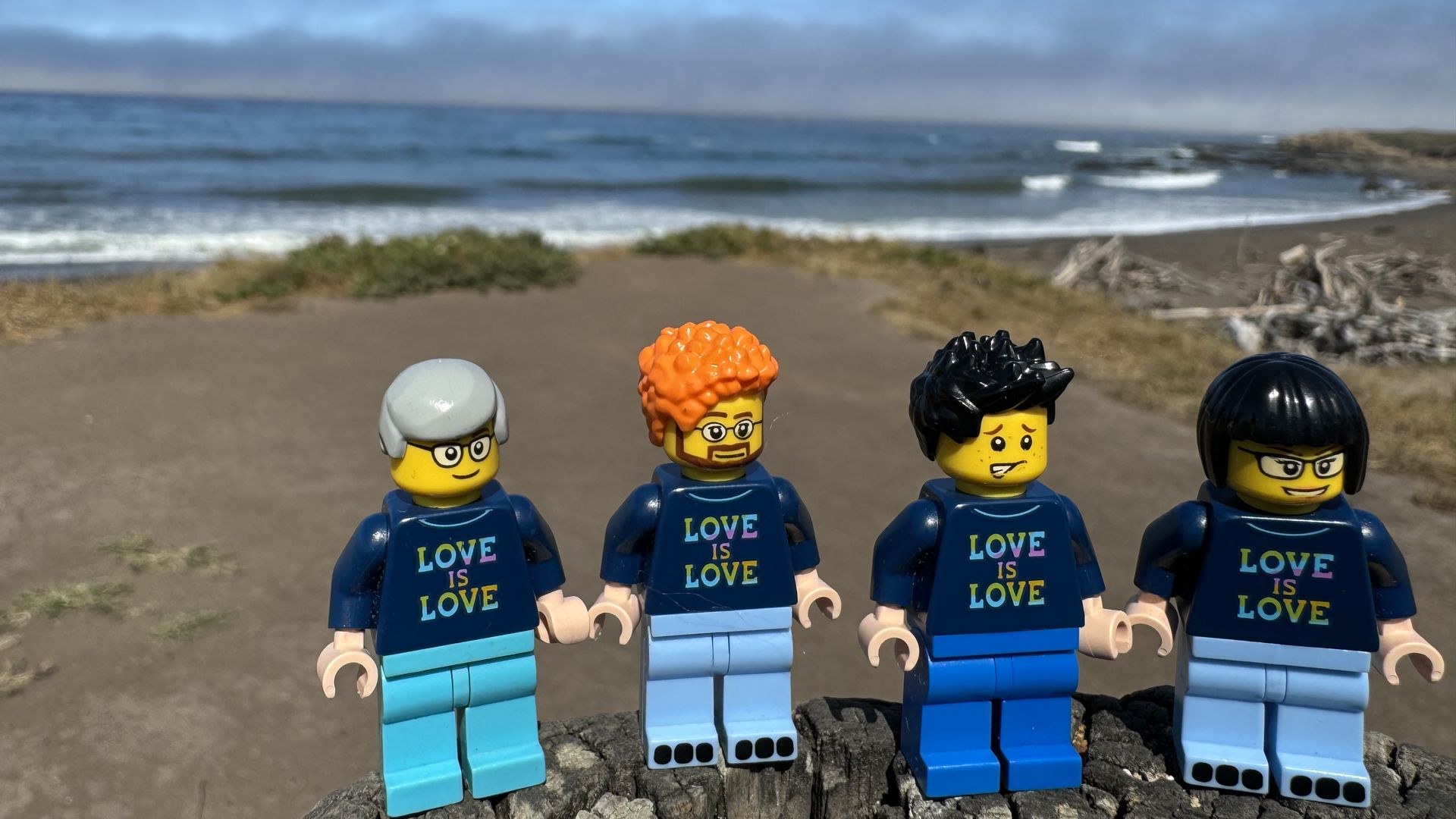 Four Lego minifigures wearing “Love is Love” shirts with the California coast in the background. 