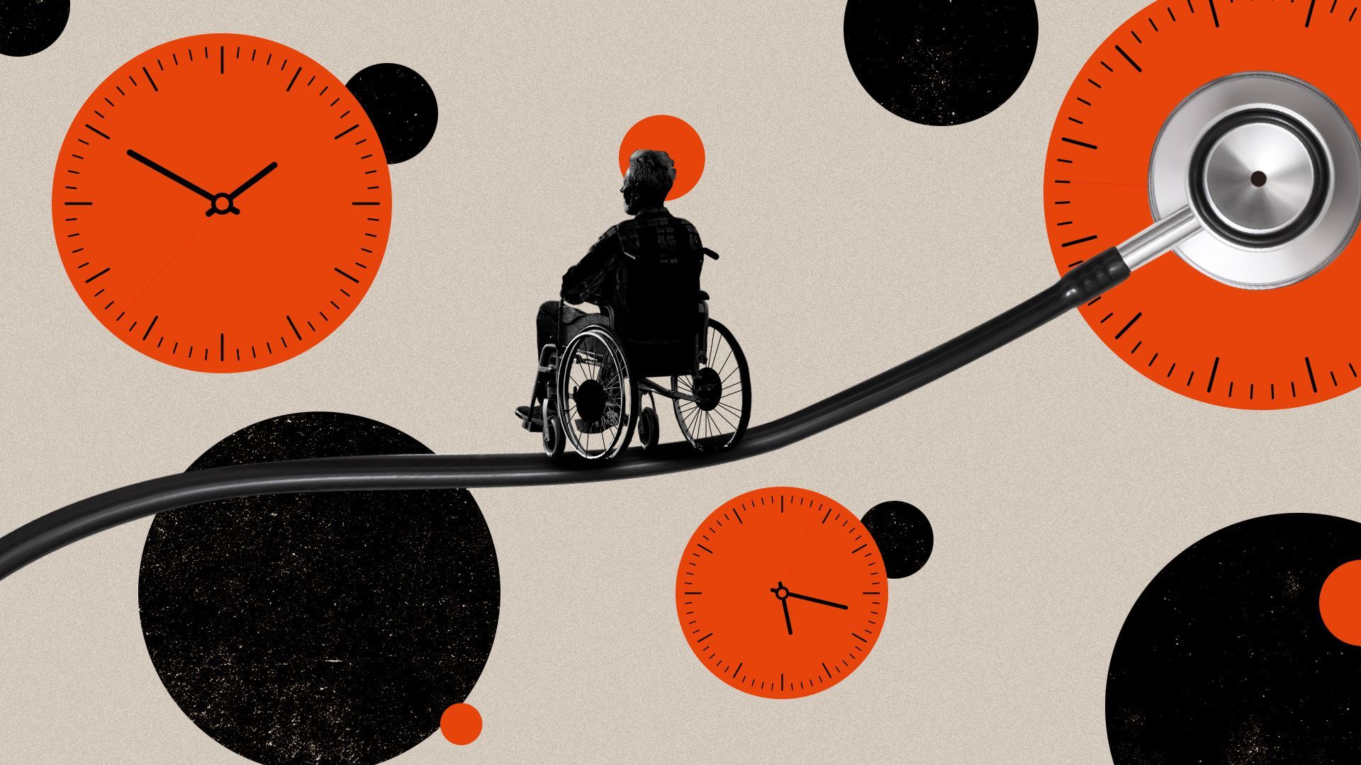 Illustrated collage of a person in a wheelchair, balancing on a stethoscope, surrounded by abstract clocks. 