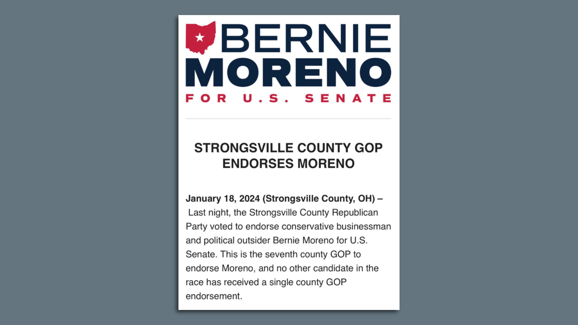 Press release from Bernie Moreno for U.S. Senate announcing Strongsville county GOP [sic] endorsement