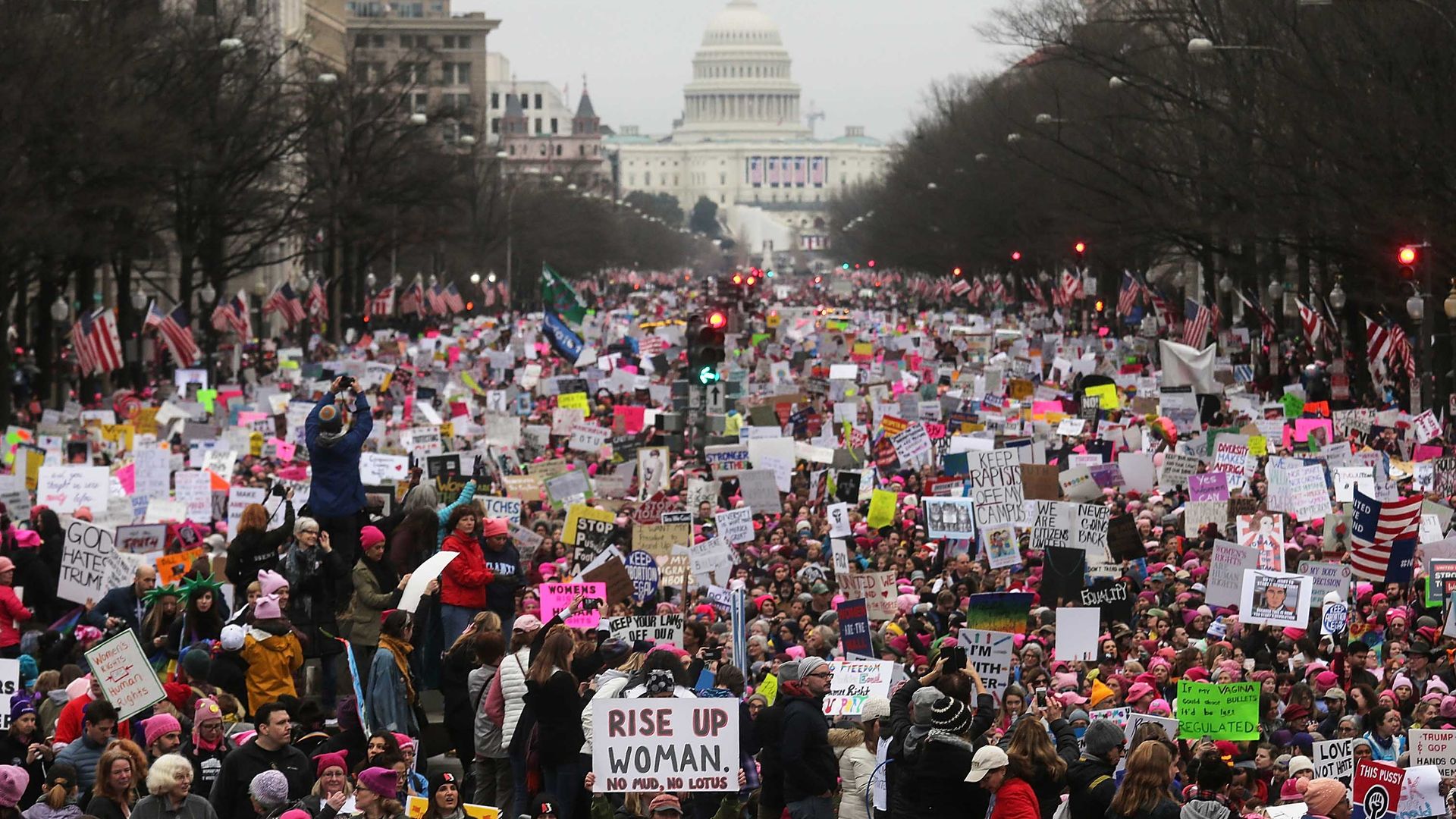 Protesters walk during the Women’s March in January 2017 in Washington, DC. 