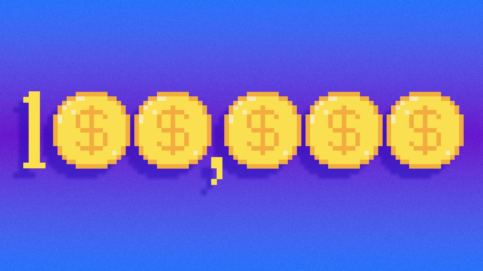 Illustration of the number 100,000 made with a pixelated 1 and 5 pixel coins