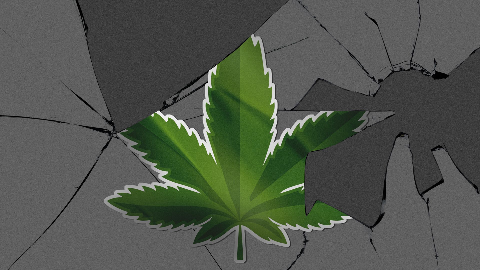 Illustration of a cannabis leaf decal on a broken window.