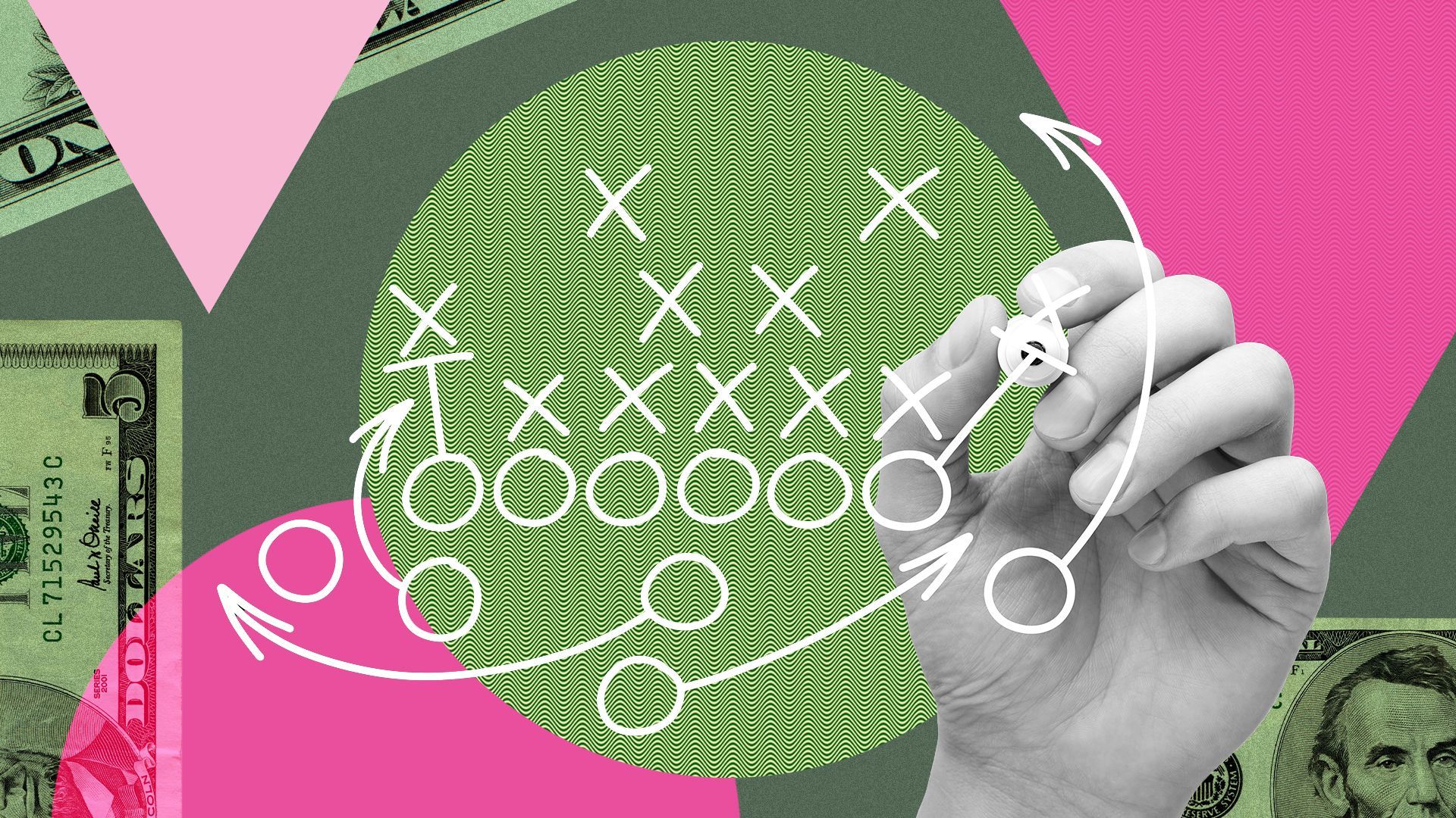 Illustration collage of a person's hand drawing a game play diagram on the screen, with cut out shapes and money in the background