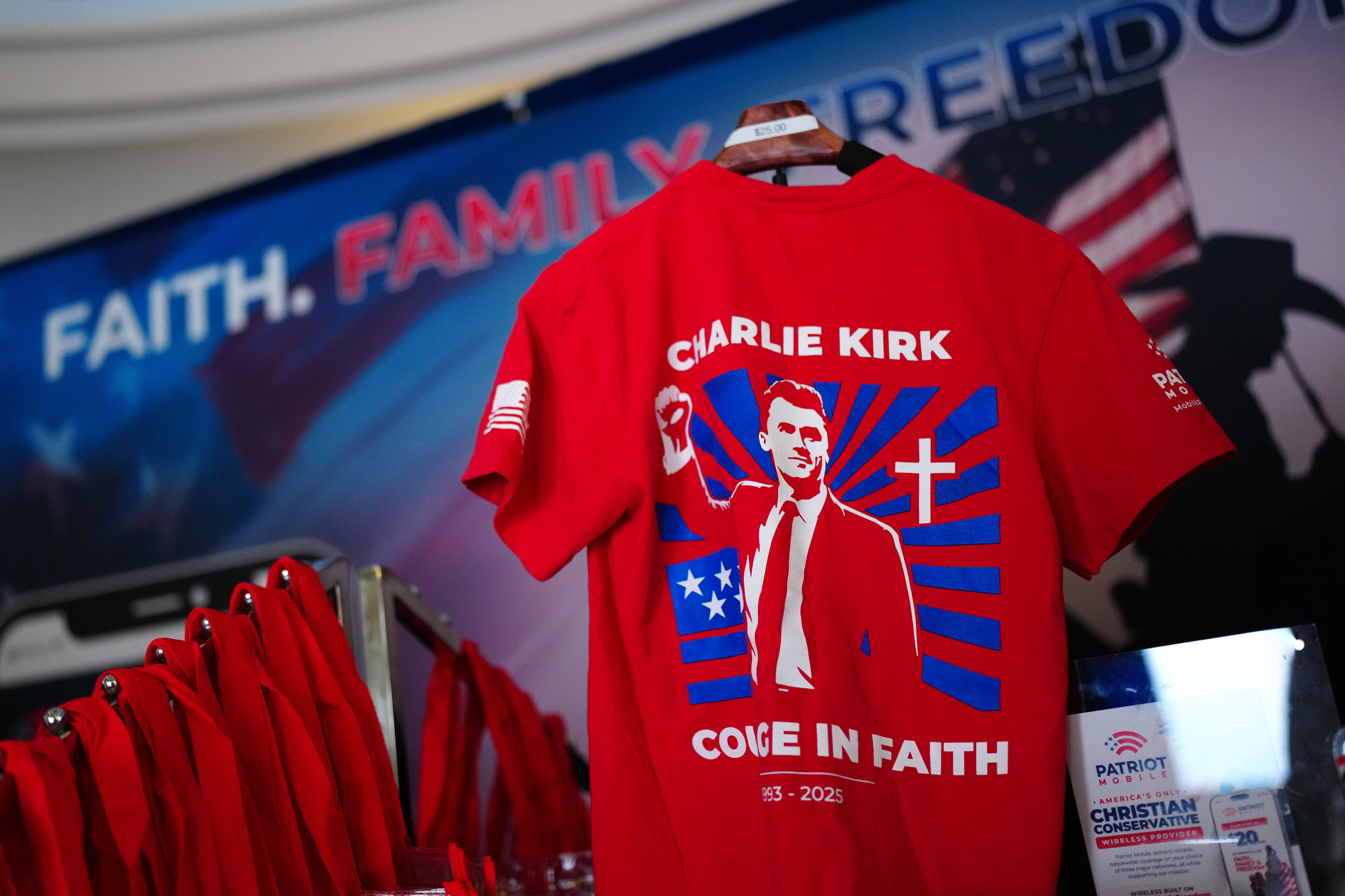 A Charlie Kirk shirt for sale at the Republican convention in Dallas yesterday. 