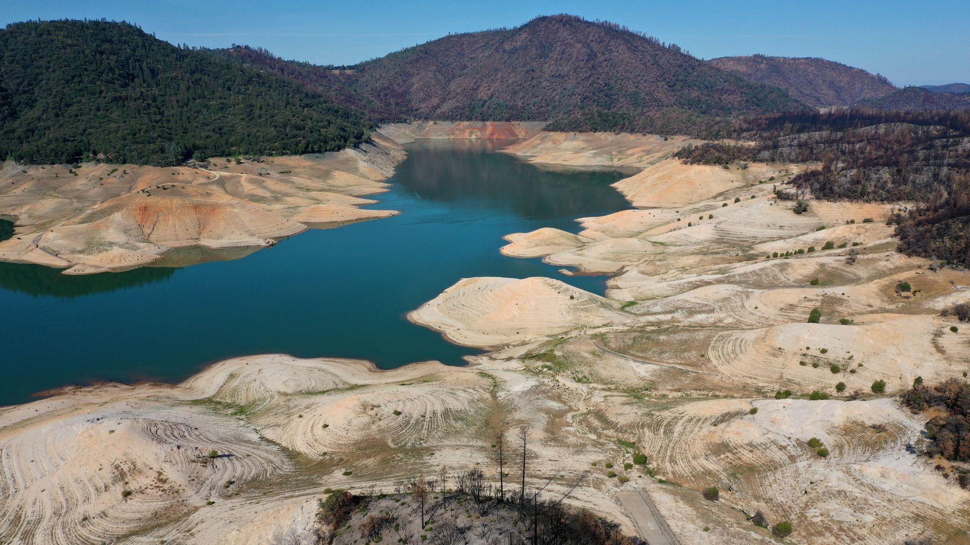 In an aerial view taken on June 1, low water levels are visible at Lake Oroville in California.