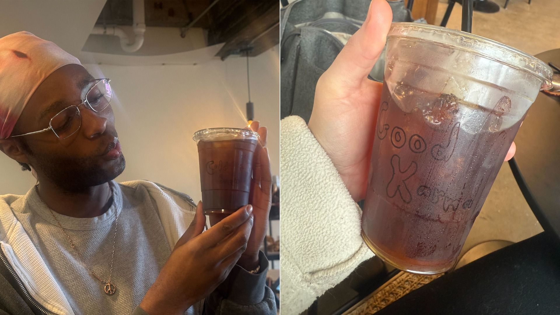 Left: man in glasses, beige headwrap, and light sweater holds a plastic cup of iced dark beverage. Right: close-up of the cup with "Good Karma" written on it, filled with ice and dark liquid.