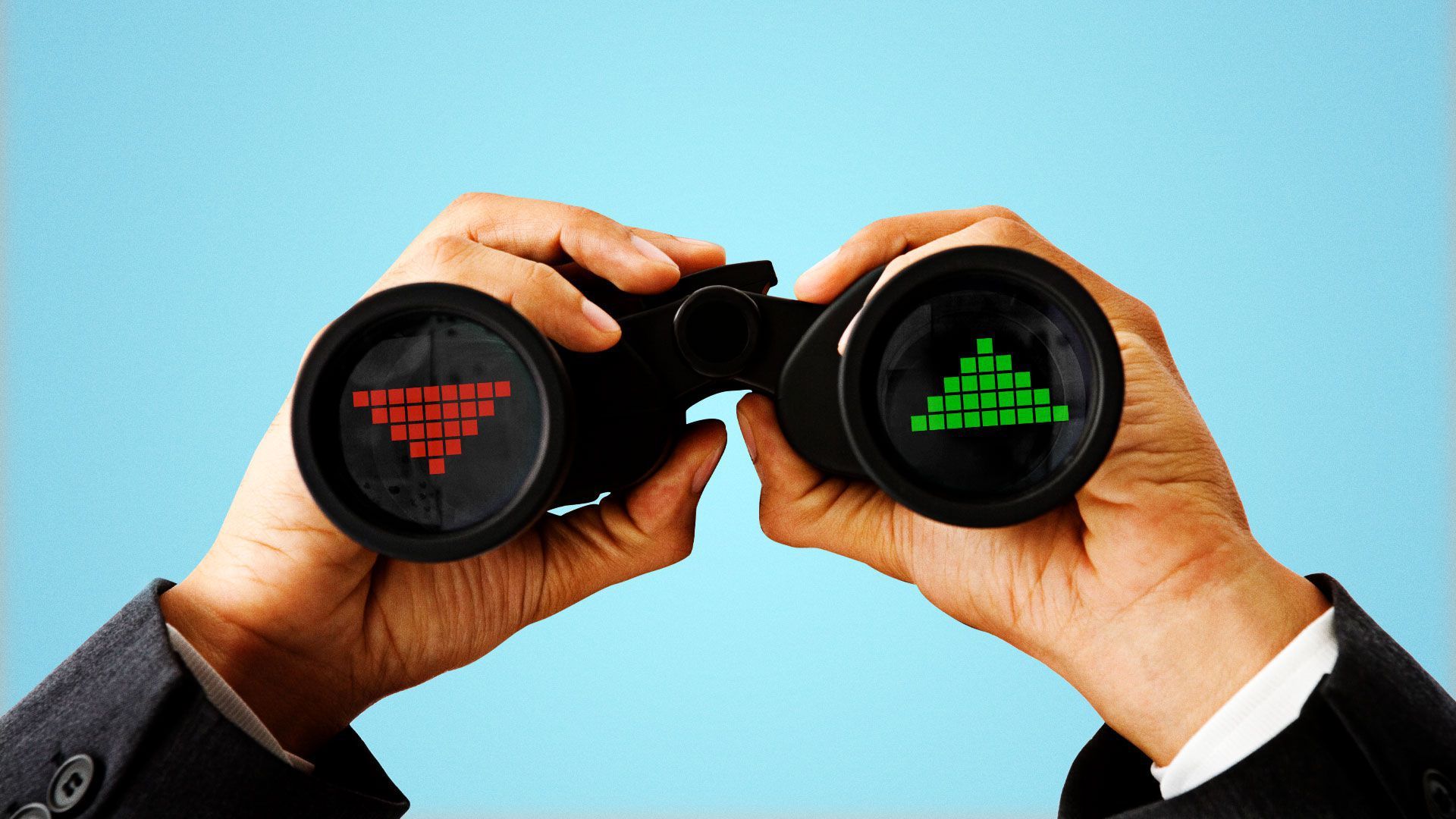 Illustration of hands holding binoculars with a green arrow up and red arrow down in each of the lenses 