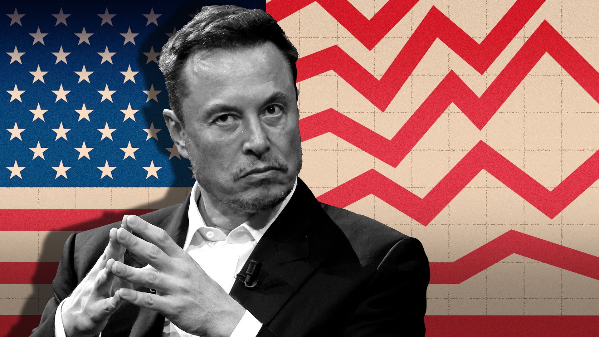 Photo illustration of Elon Musk with an American flag with red stripes that are becoming increasingly jagged