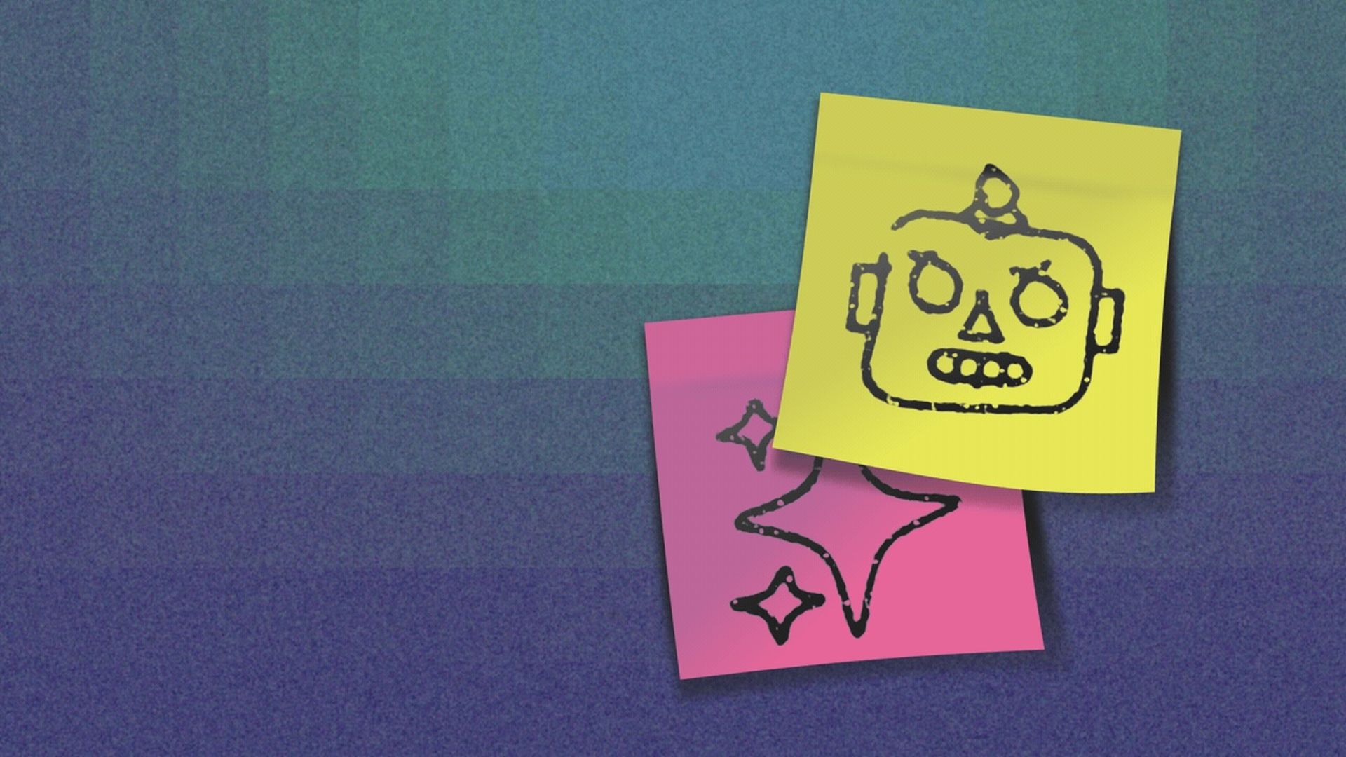 Blue textured background with two overlapping sticky notes: a tilted yellow note showing a rough black robot face, and a pink note beneath with partial star-like doodles.