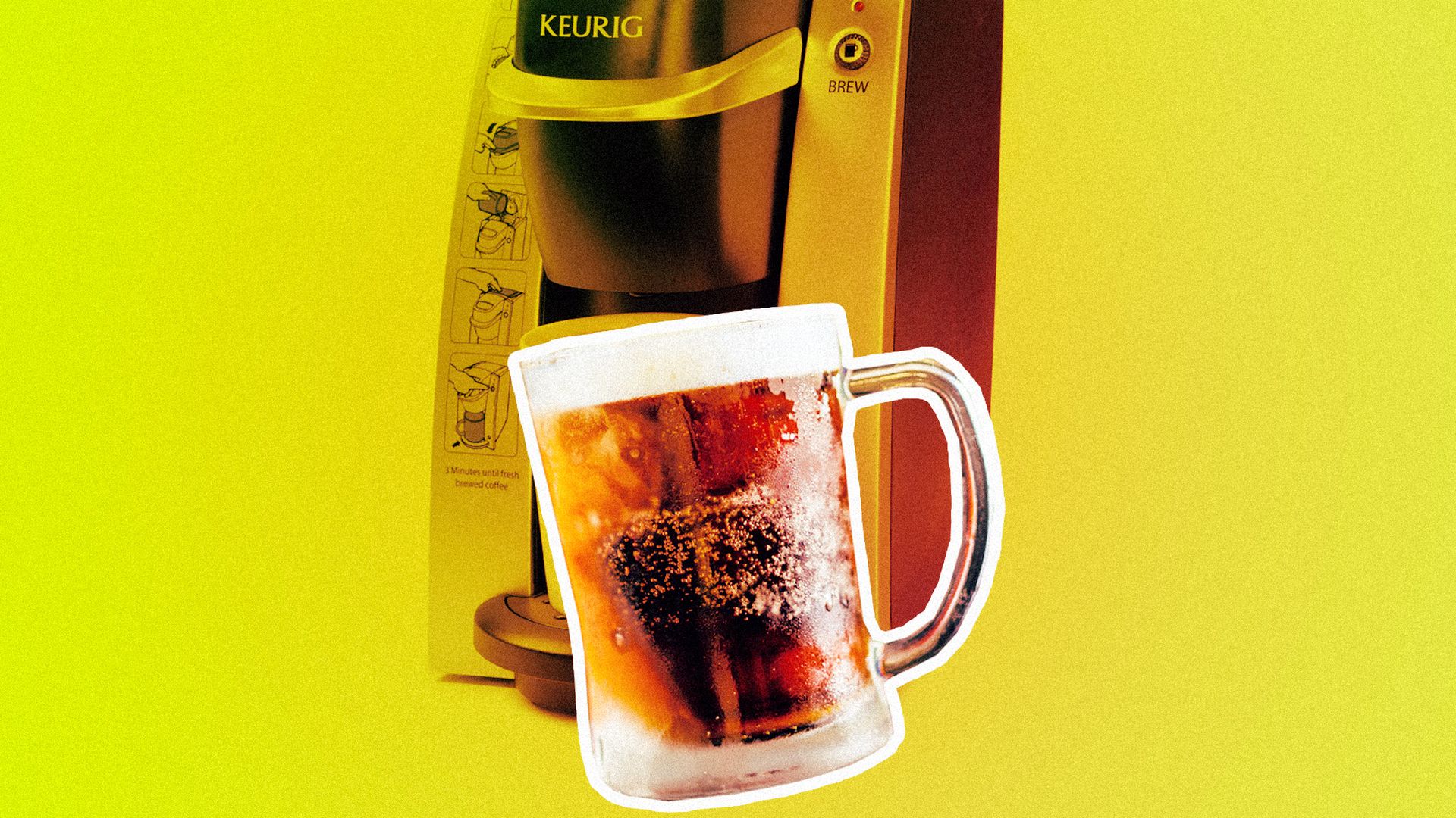 A mug of beer in front of a Keurig coffee machine