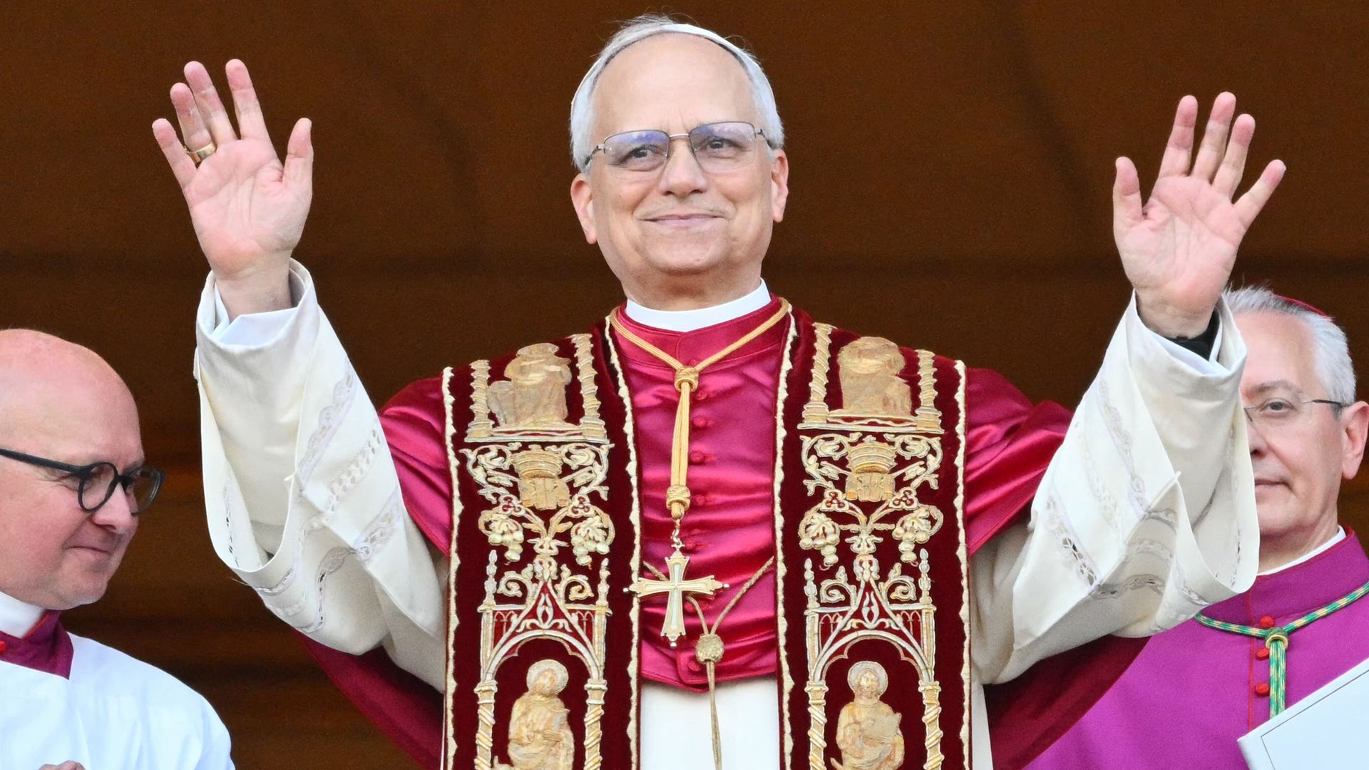 Newly elected Pope Leo XIV, Robert Prevost arrives on the main central loggia balcony of the St Peter's Basilica for the first time, after the cardinals ended the conclave, in The Vatican, on May 8, 2025. Robert Francis Prevost was on Thursday elected the first pope from the United States