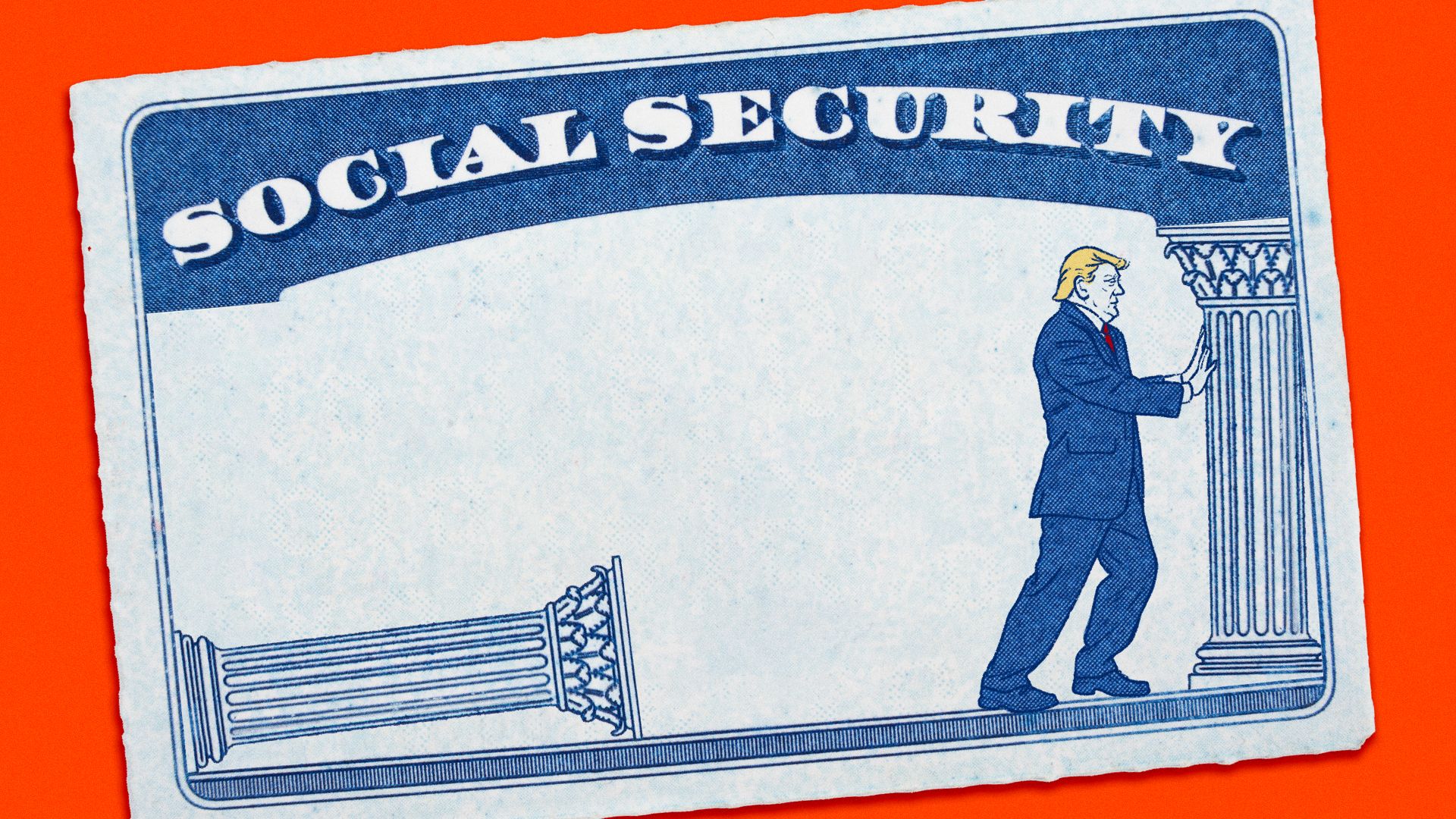 Illustration of Donald Trump pushing over the columns on a social security number card. 
