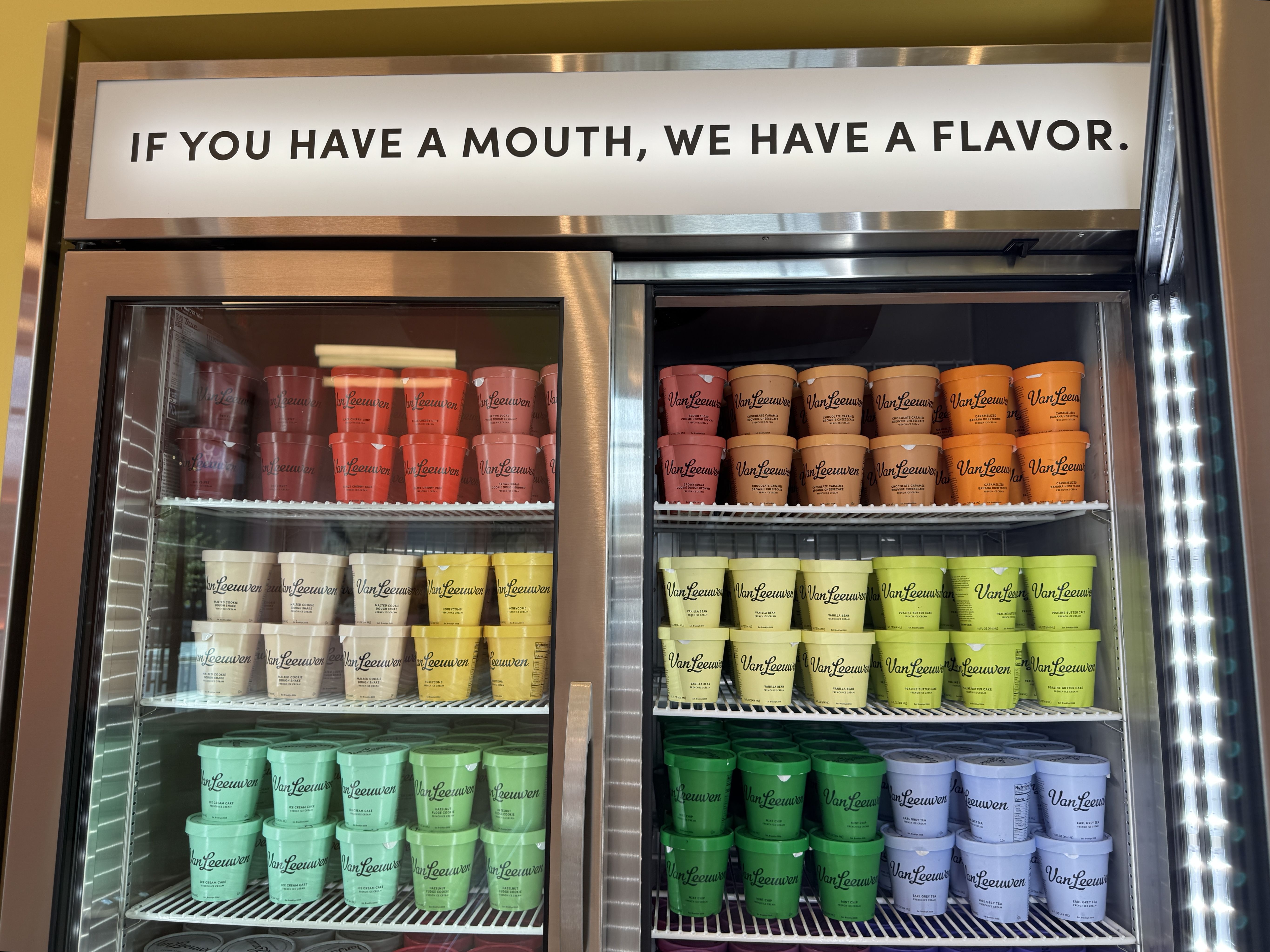 Glass-door freezer stocked with colorful Van Leeuwen ice cream tubs in red, pink, orange, cream, yellow, light green, dark green, and lavender shades. Sign above says, "If you have a mouth, we have a flavor."
