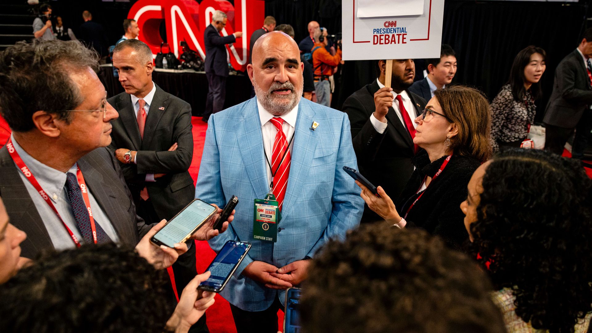Chris LaCivita, senior advisor to former US President Donald Trump's 2024 presidential campaign, center, speaks to members of the media at the McCamish Pavilion on the Georgia Institute of Technology campus following the first presidential debate in Atlanta, Georgia, US, on Thursday, June 27, 2024. 