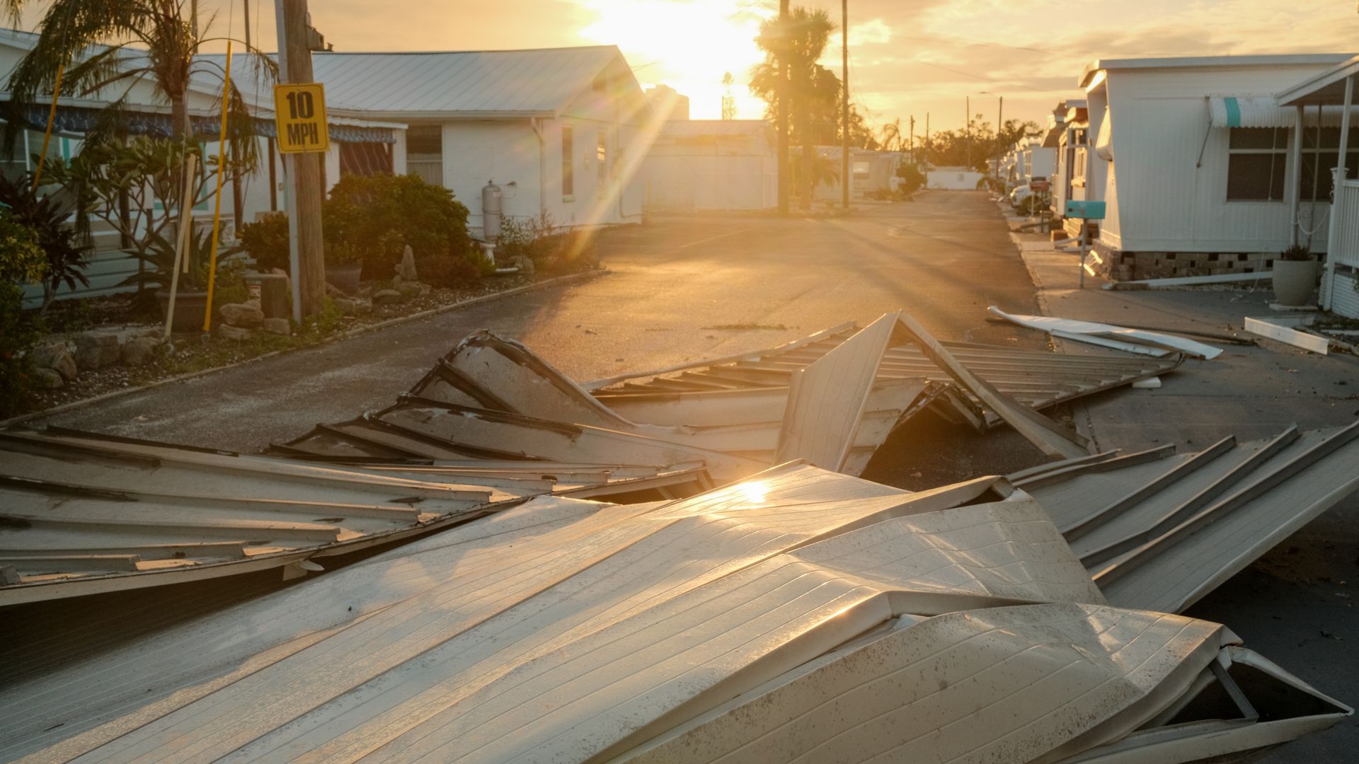 A damaged mobile home park after Hurricane Milton in St. Petersburg, Florida, US, on Thursday, Oct. 10, 2024. As skies began to clear across Florida Thursday, they offered a first glimpse of Hurricane Milton's devastating toll millions without power, crops damaged, homes destroyed and at least 10 pe