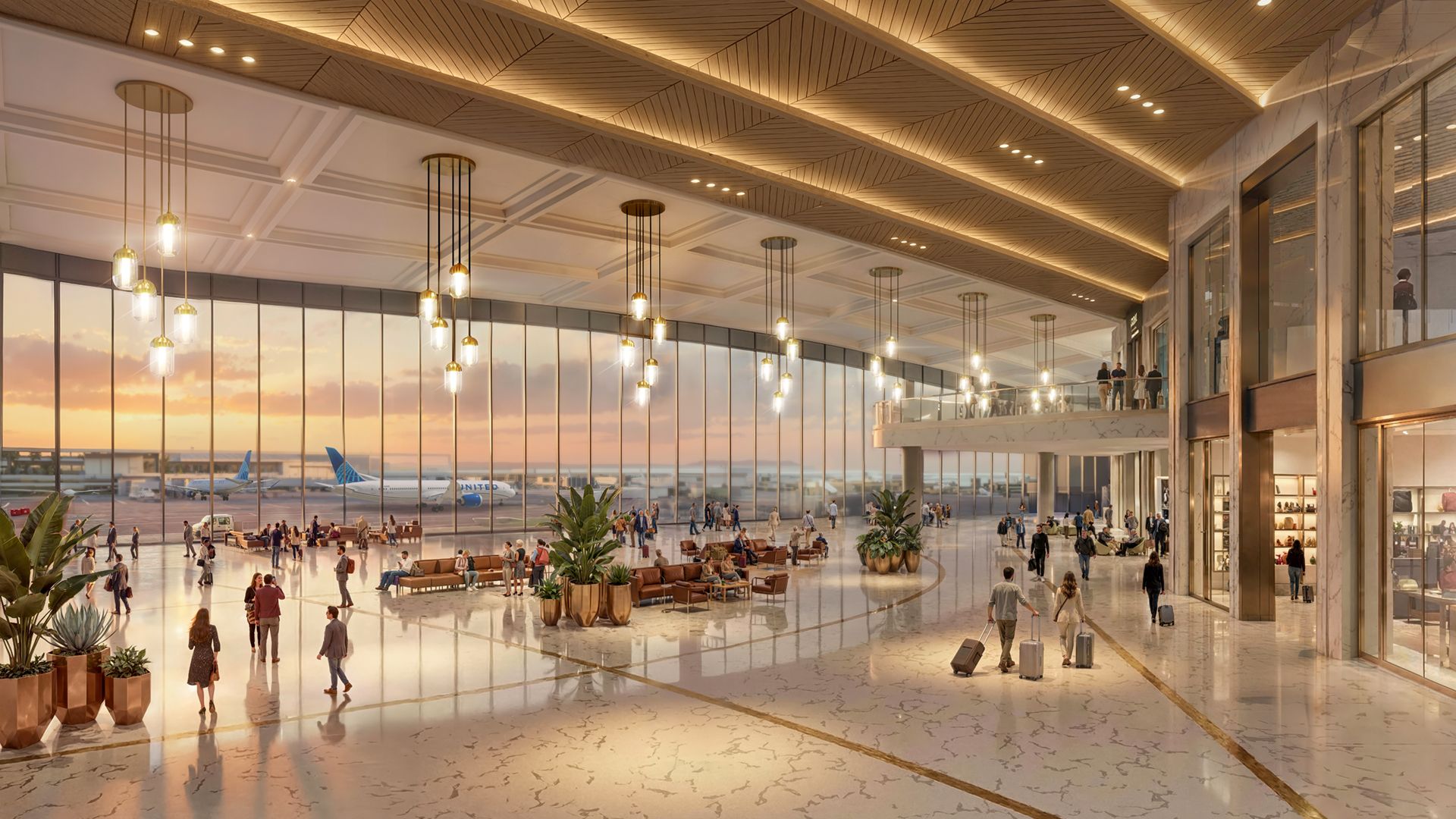 Interior of a modern airport terminal with marble floors, warm hanging pendant lights, and a wood-beamed ceiling. Large windows frame sunset views of planes on the tarmac as passengers walk and lounge.