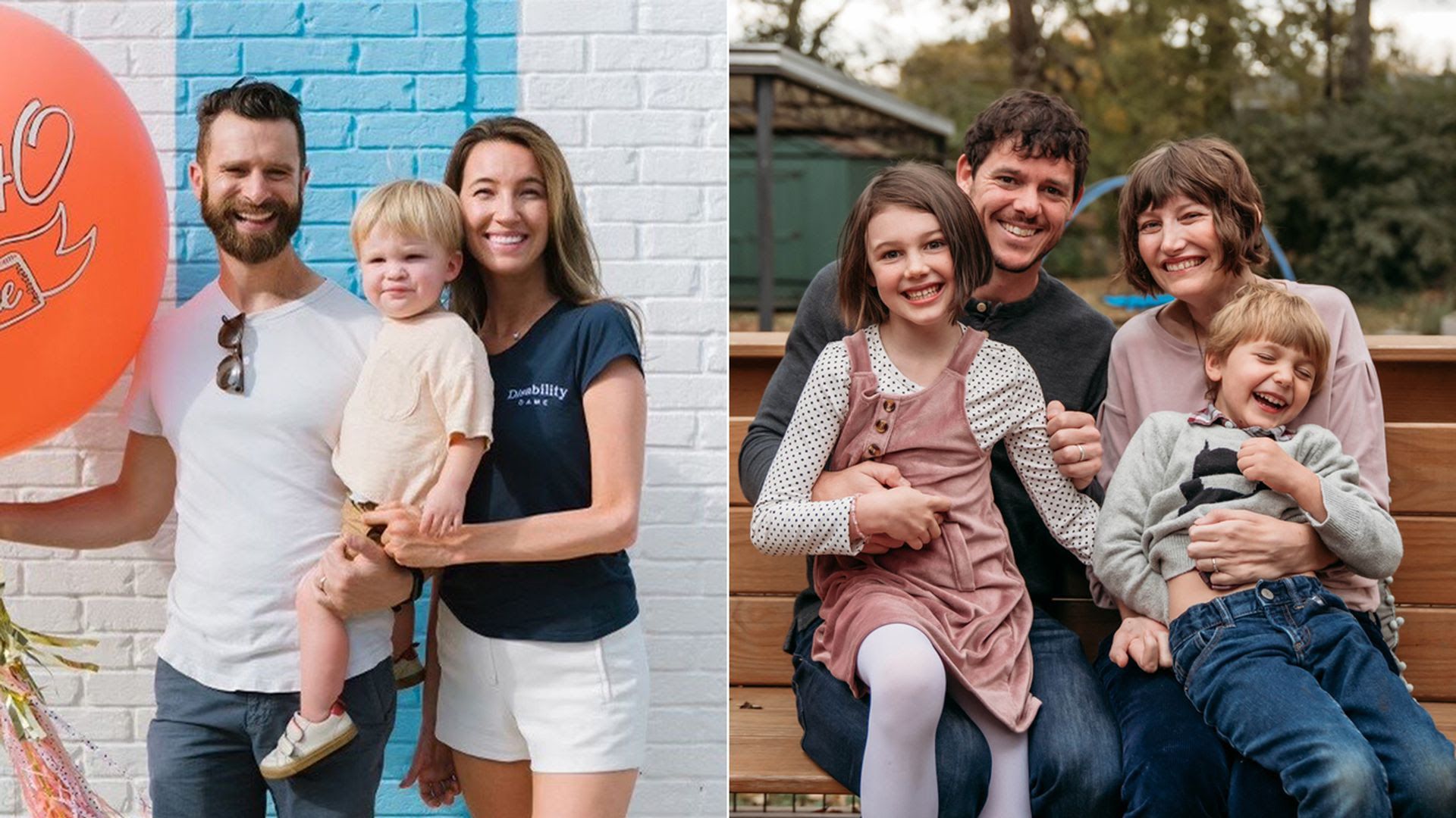 Two Nashville families fighting ALS. Left: Charlie Friedman, Allie Schmidt and their son Asher. Right: Eben Cathey, Evan Campa and their children Mae and Reuben.