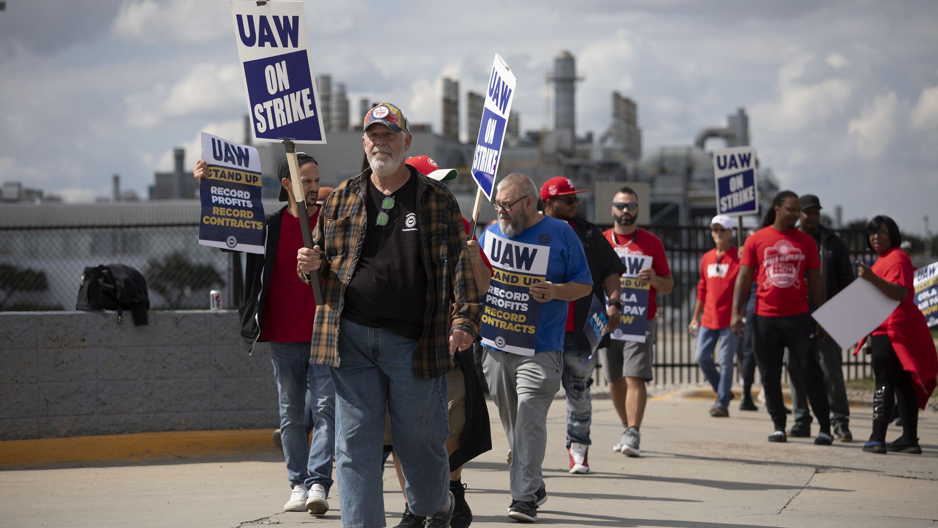 United Auto Workers (UAW) members striking outside of a Ford assembly plant in Wayne, Michigan, on Sept. 15.