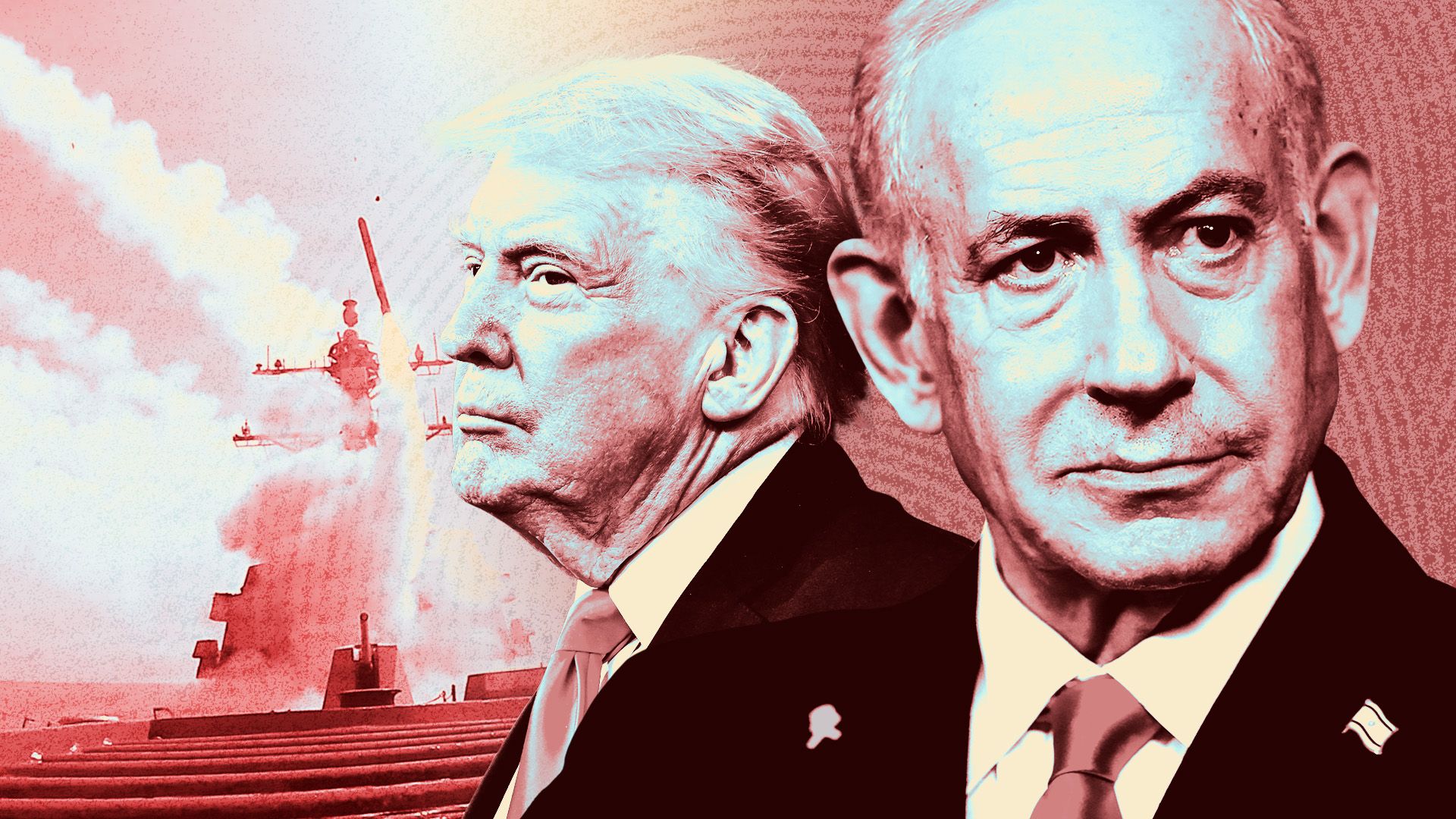 Photo illustration of Israeli Prime Minister Benjamin Netanyahu and President Trump with a ship firing missiles in the background