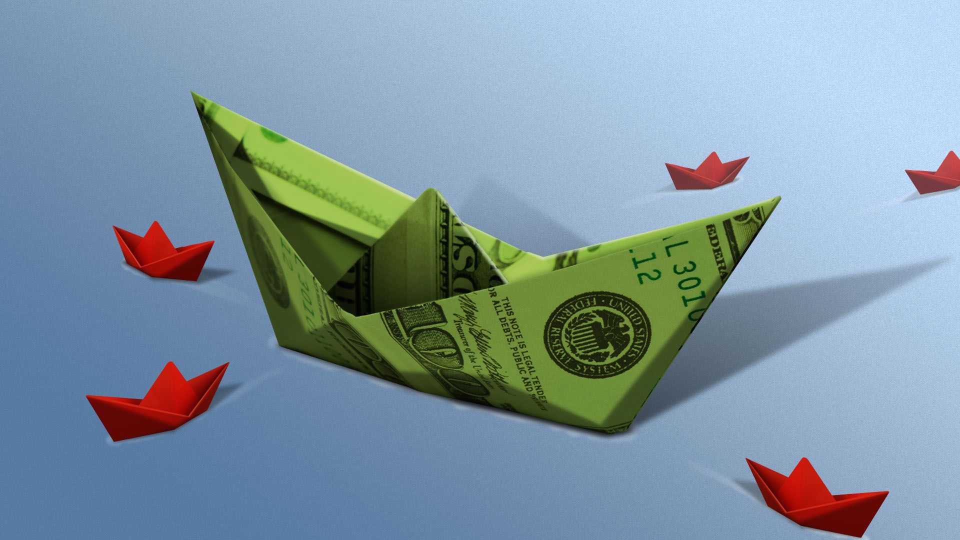 Illustration of a giant boat made out of a 100 dollar bill with smaller red boats sailing away