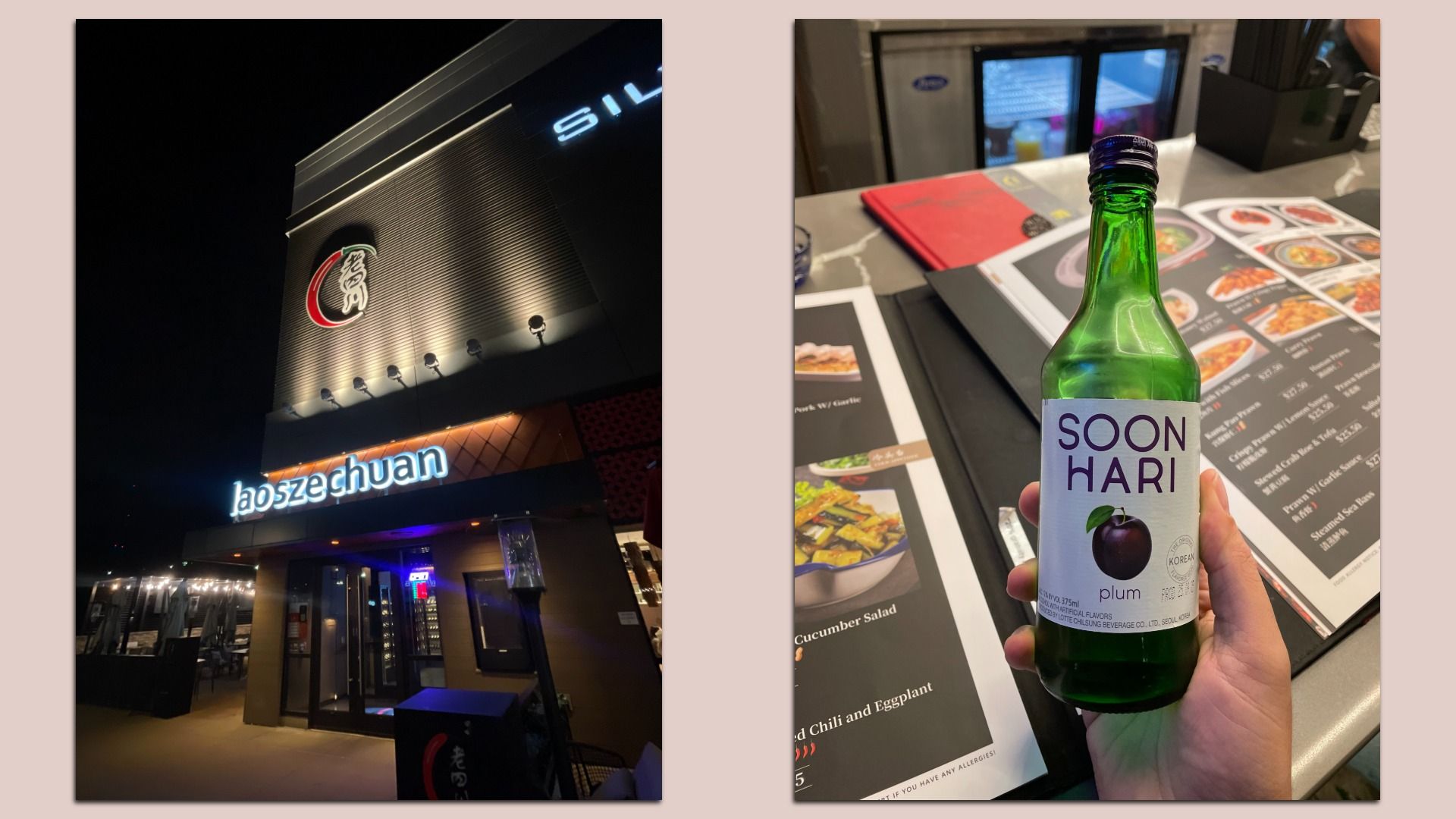 Two-panel night photo: left shows Lao Szechuan restaurant exterior with a lit sign on a gray facade; right shows a hand holding a green bottle labeled SOON HARI plum over a restaurant menu.