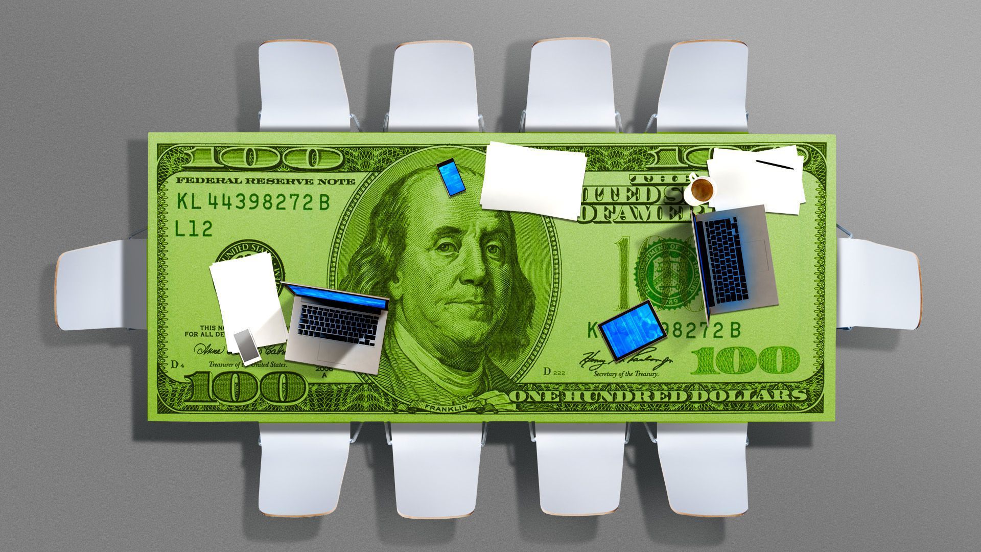 A board room table with an $100 bill theme